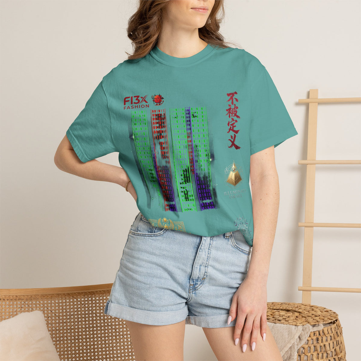 Graphic T-Shirt — Futuristic Cityscape Design with Japanese Calligraphy