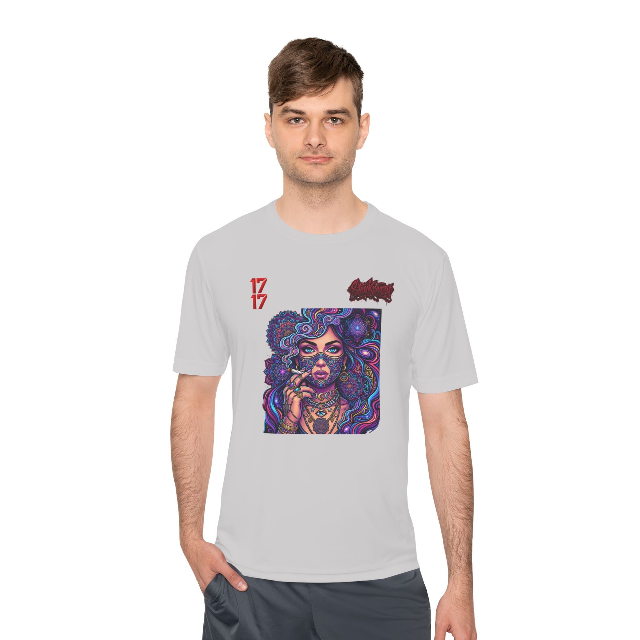 Psychedelic Woman Graphic Tee — Retro Cosmic Portrait Moisture‑Wicking Shirt