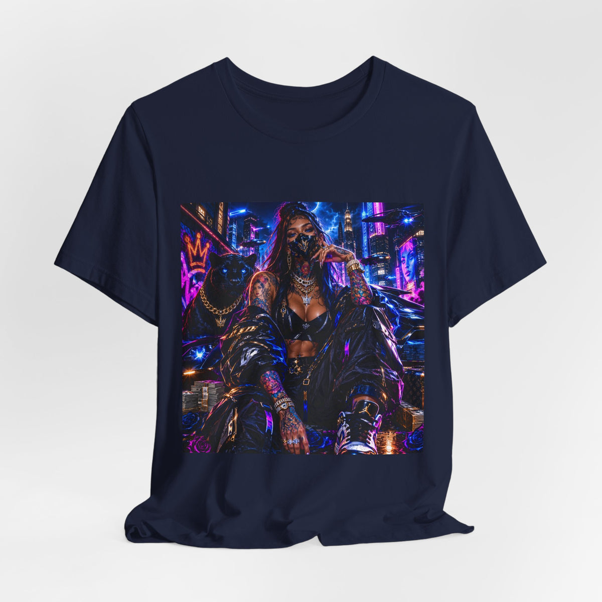 Cyberpunk Streetwear Tee — Neon Masked Woman Graphic T-Shirt