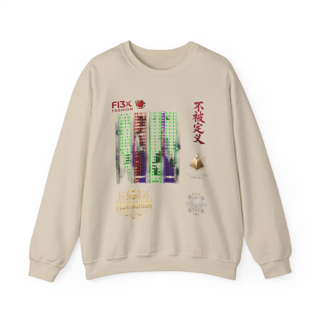 Crewneck Sweatshirt — Cyber Tokyo Graphic with Kanji & Matrix Cityscape