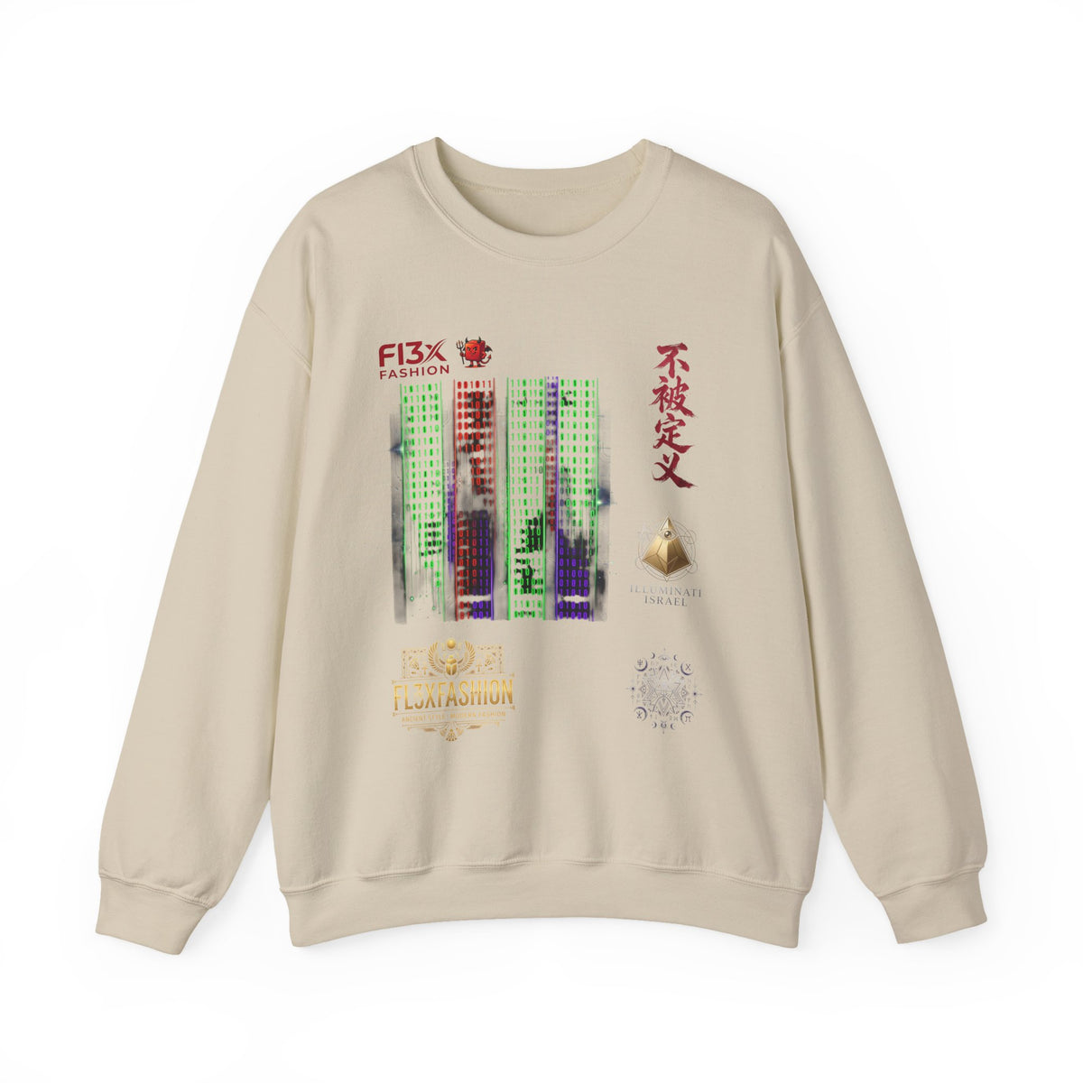 Crewneck Sweatshirt — Cyber Tokyo Graphic with Kanji & Matrix Cityscape