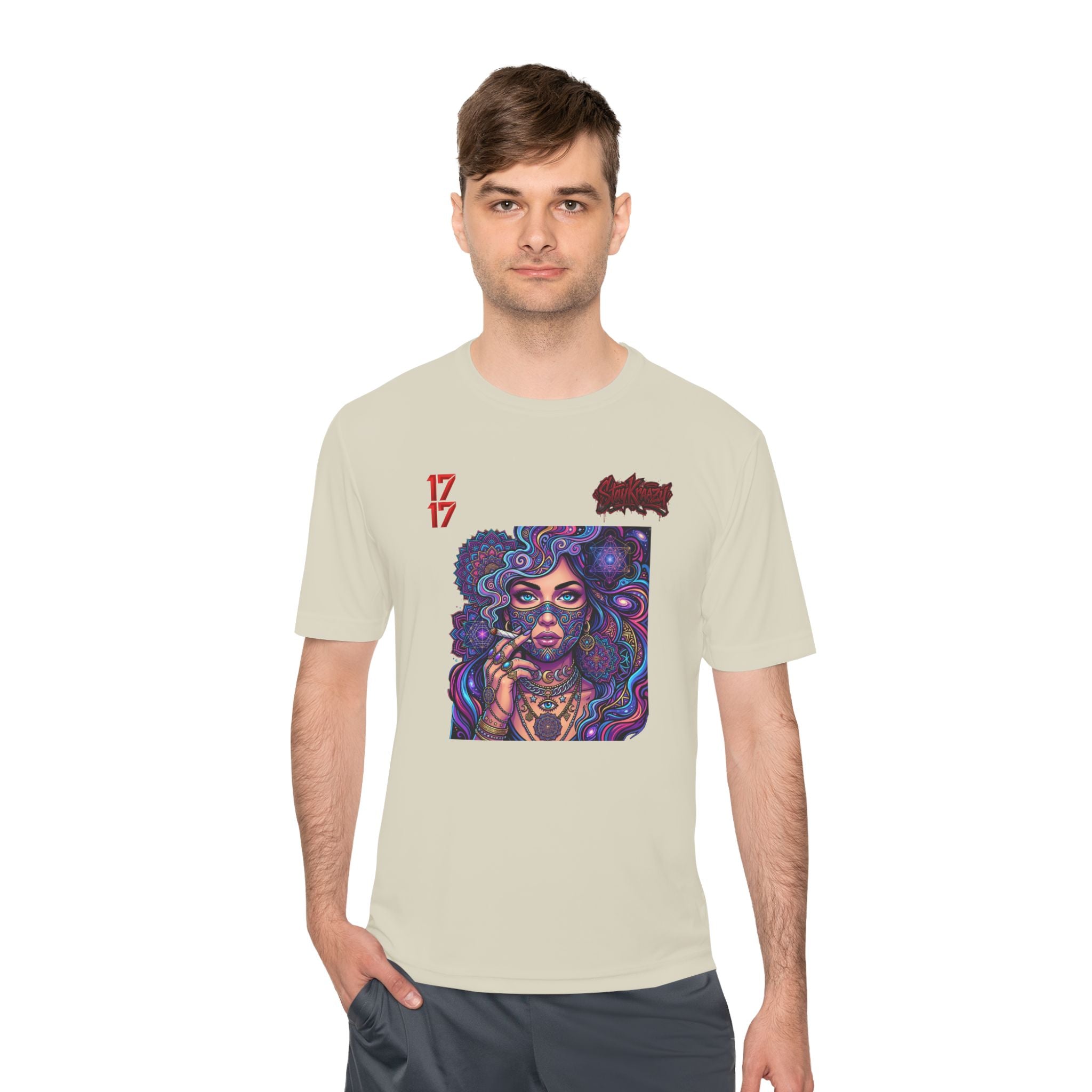 Psychedelic Woman Graphic Tee — Retro Cosmic Portrait Moisture‑Wicking Shirt