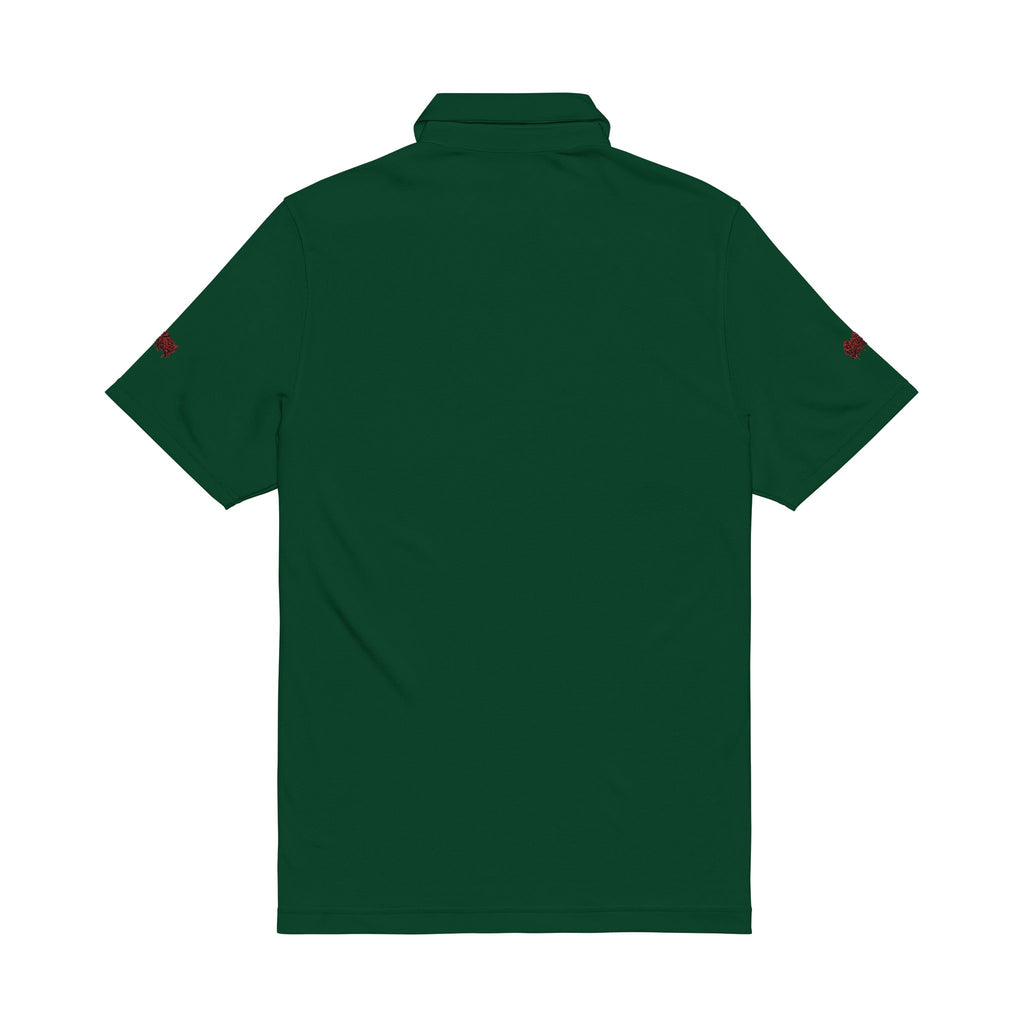 Embroidered Men’s Performance Polo — White with Red Script Logo