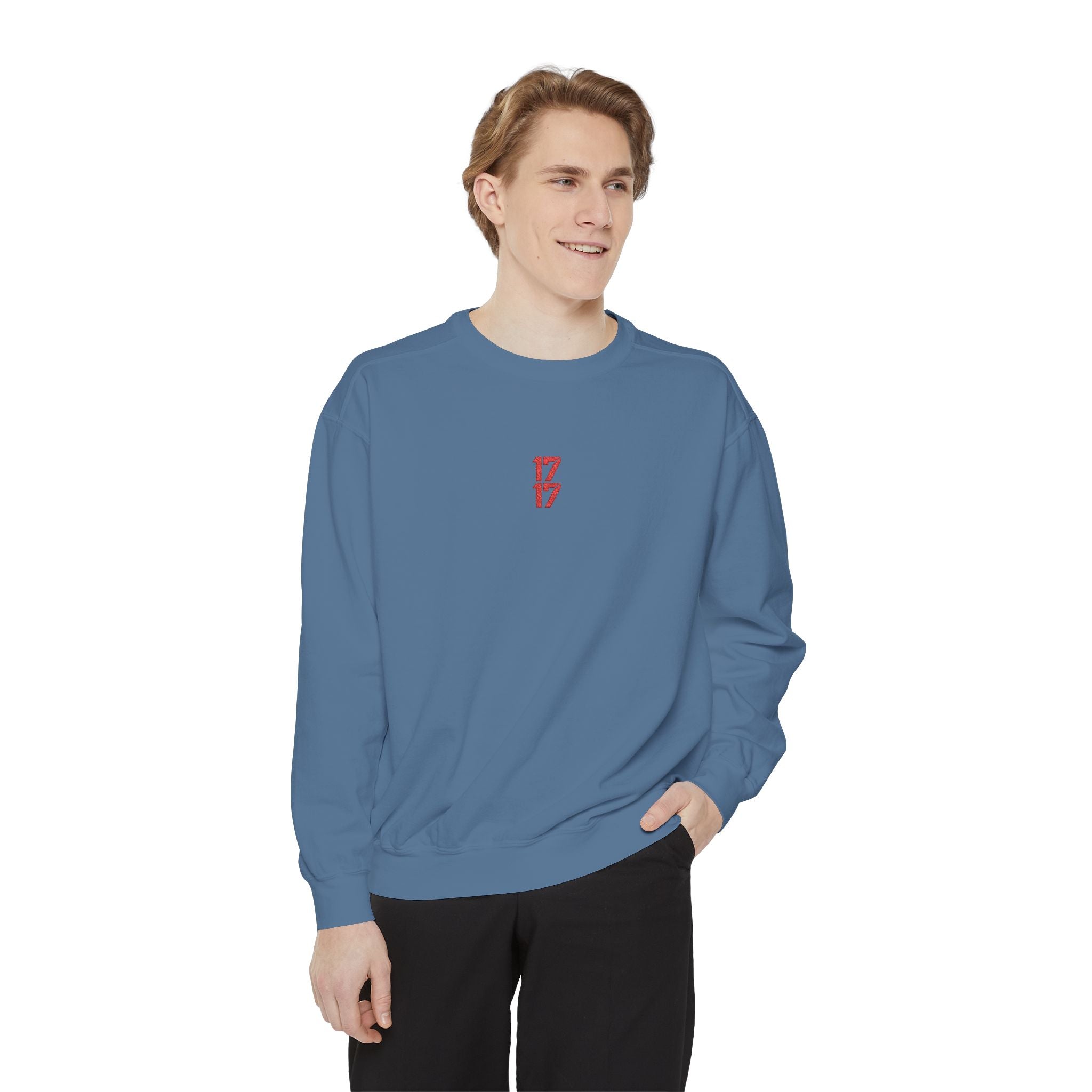Sweatshirt — Minimal Red "17/17" Chest Logo Garment-Dyed Crew