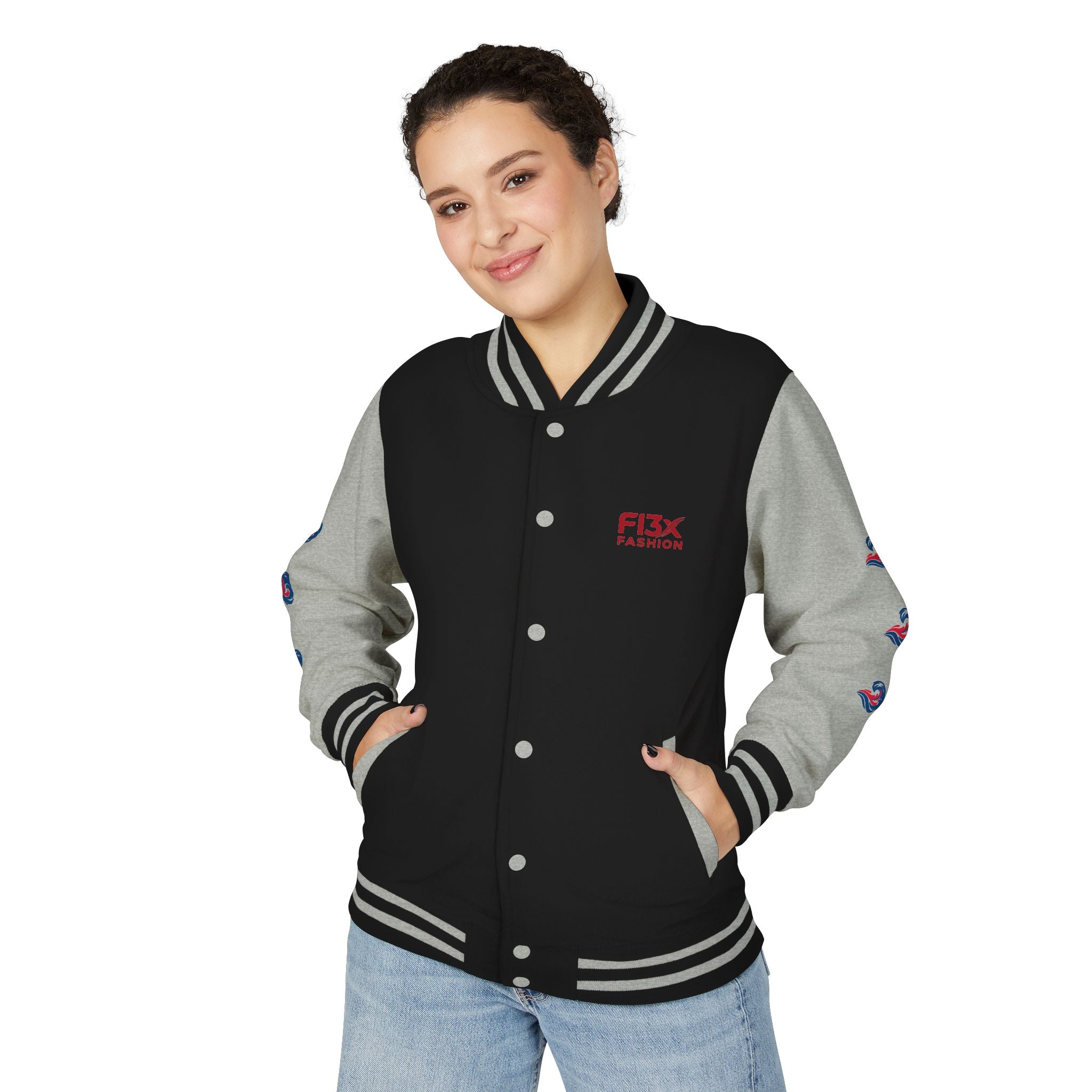 Letterman Jacket — Red Wave Graphic Varsity Jacket with 'F13X Fashion' Logo