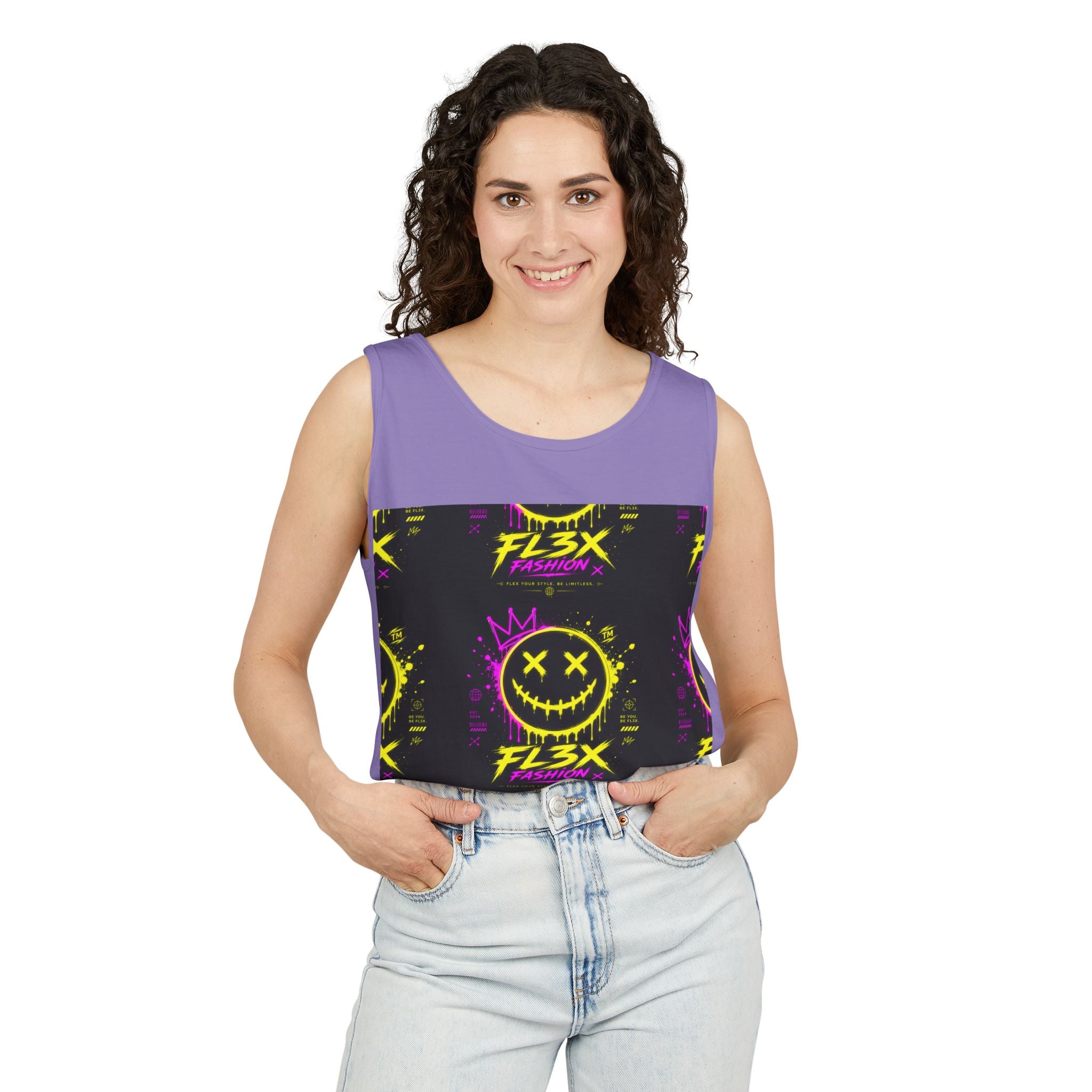FL3X Fashion Graphic Tank Top — Neon Smiley & Devil Logo Streetwear