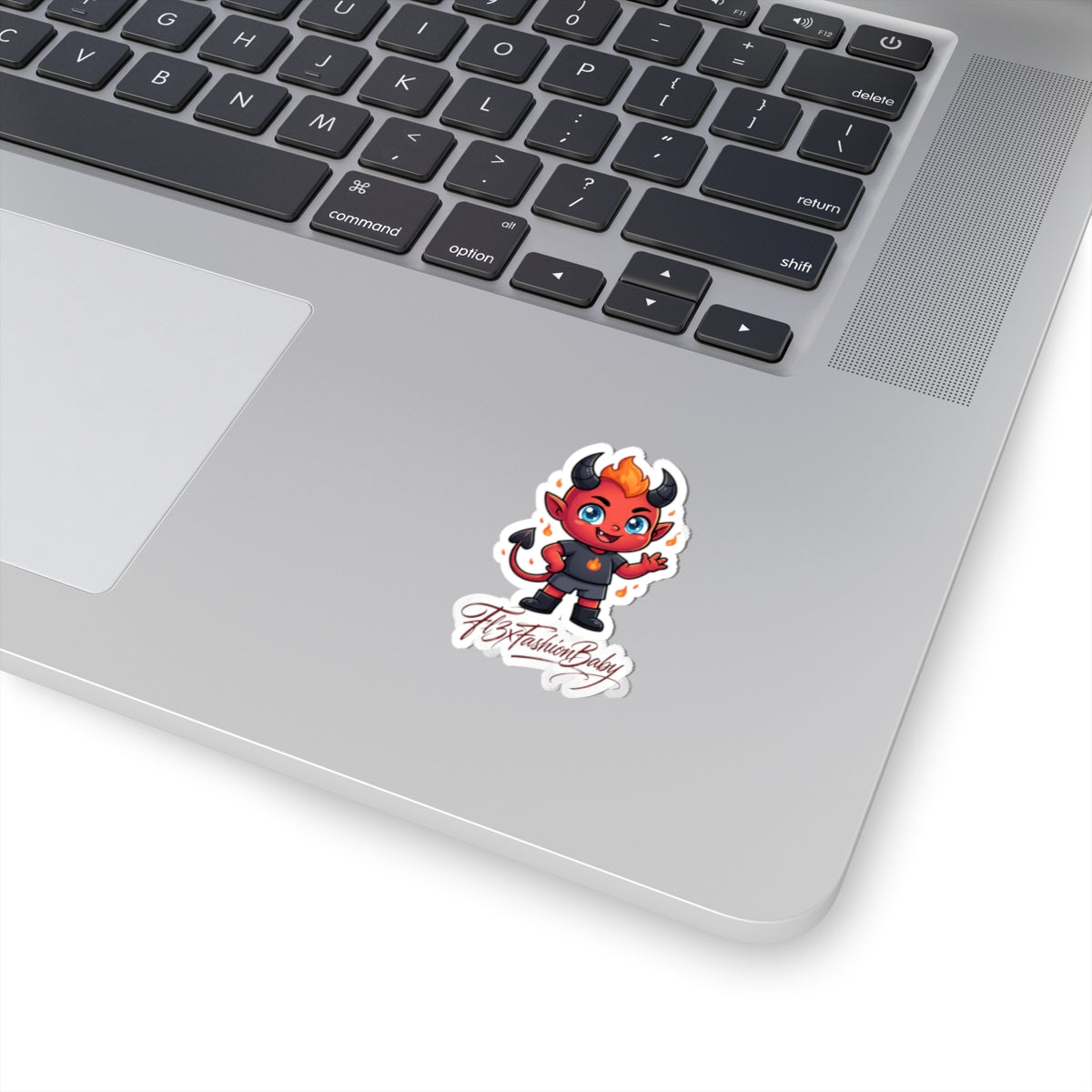 Cute Devil Character Kiss-Cut Sticker — "FlxFashionBaby" Logo