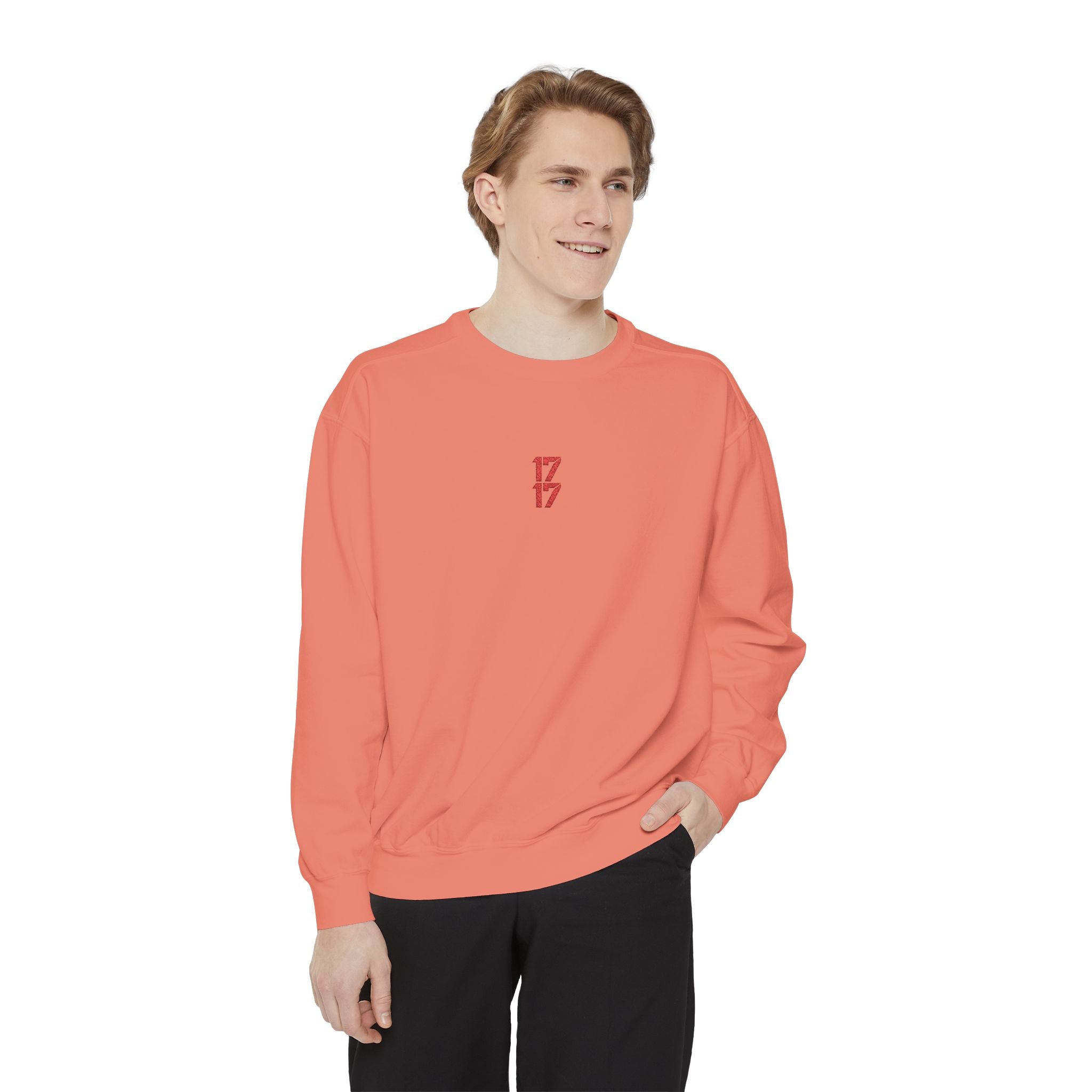Sweatshirt — Minimal Red "17/17" Chest Logo Garment-Dyed Crew