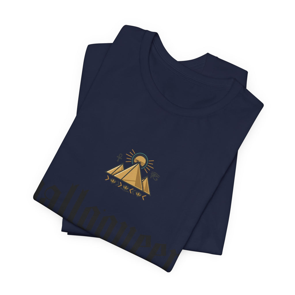 Halloqueen Graphic Tee — Gothic Script Halloween T‑Shirt with Pyramid & Asian Calligraphy