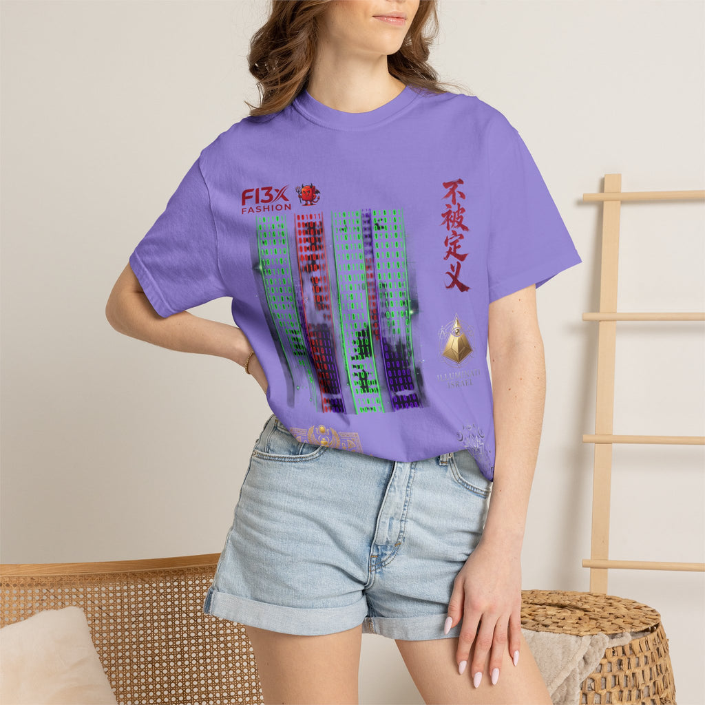 Graphic T-Shirt — Futuristic Cityscape Design with Japanese Calligraphy