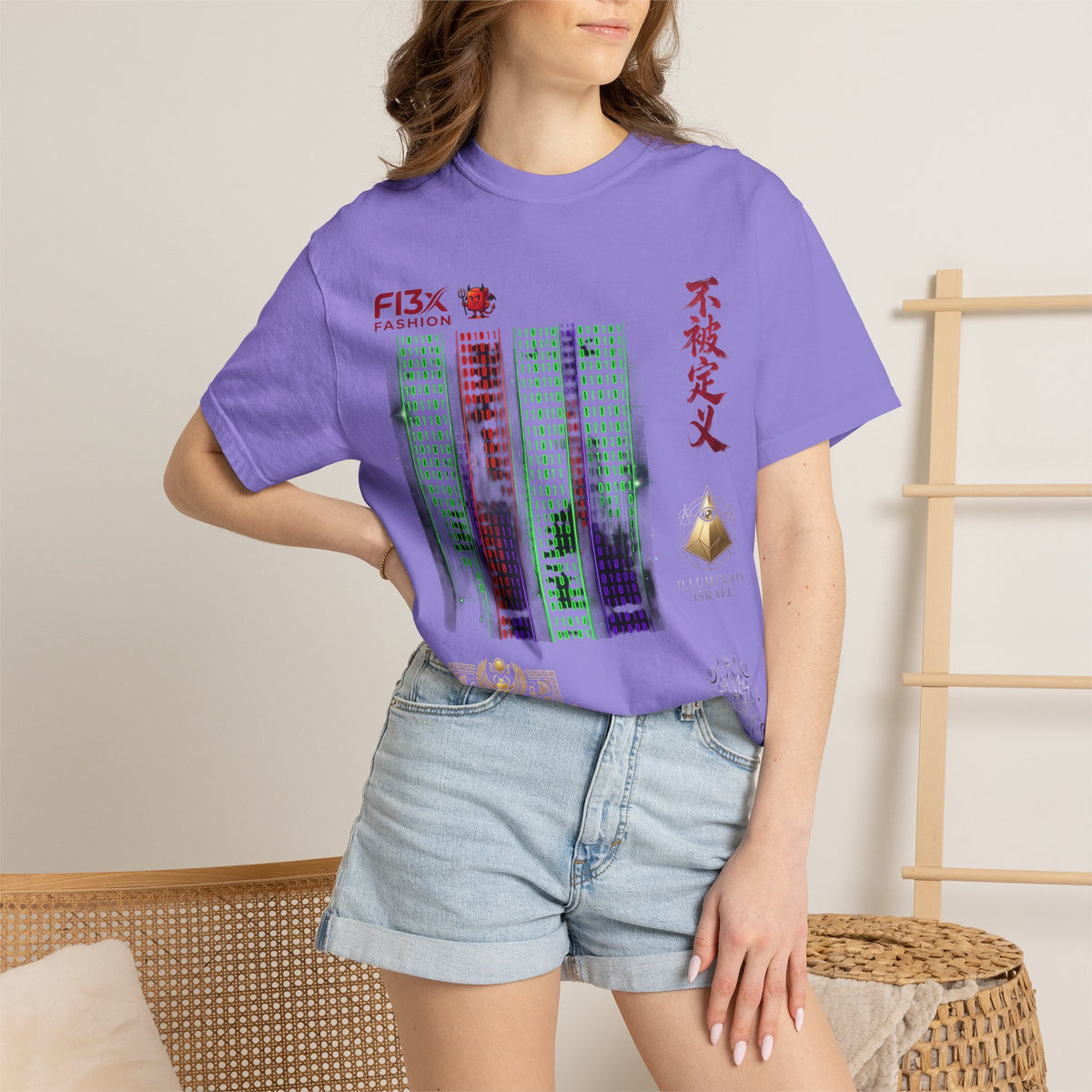 Graphic T-Shirt — Futuristic Cityscape Design with Japanese Calligraphy