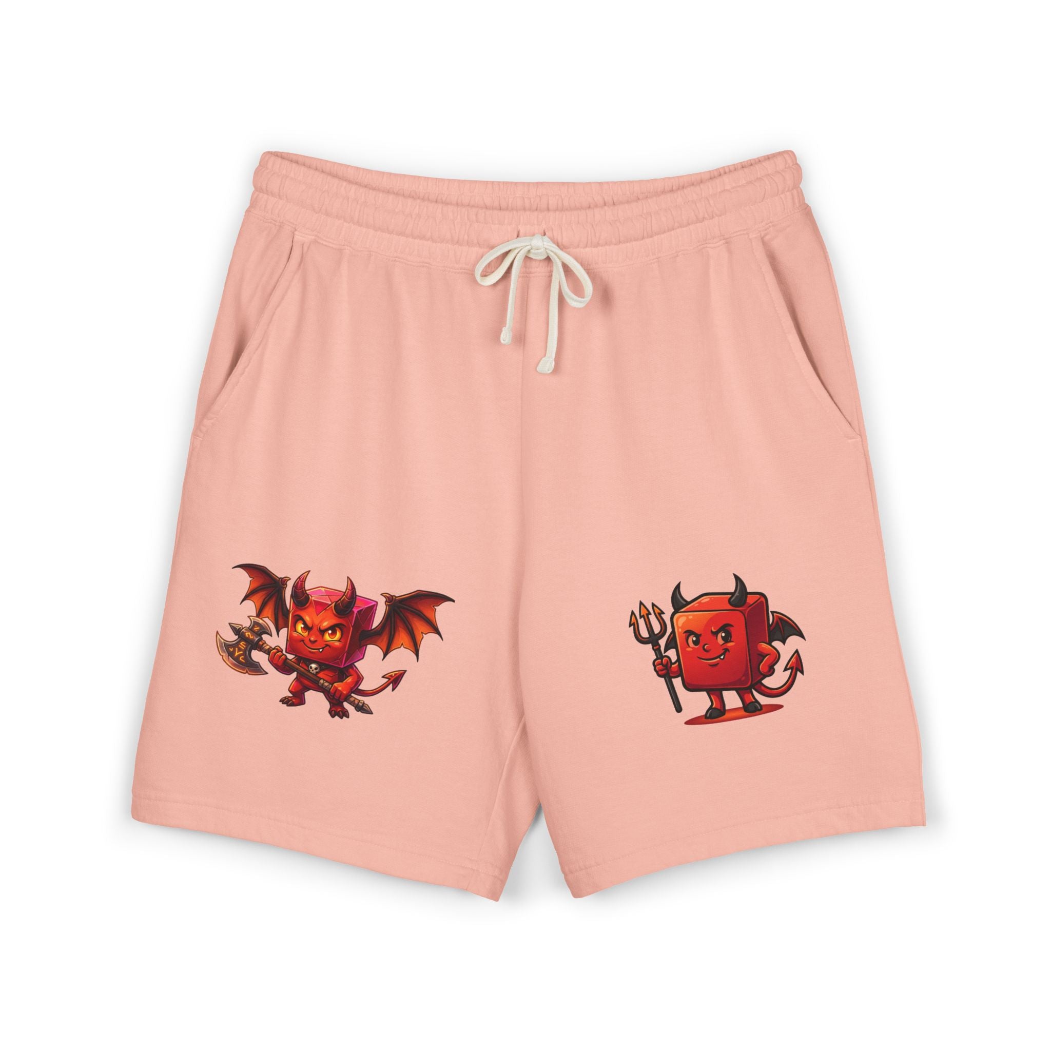 Devil Doodle Fleece Sweat Shorts — Cute Red Demon Graphic Lounge Shorts