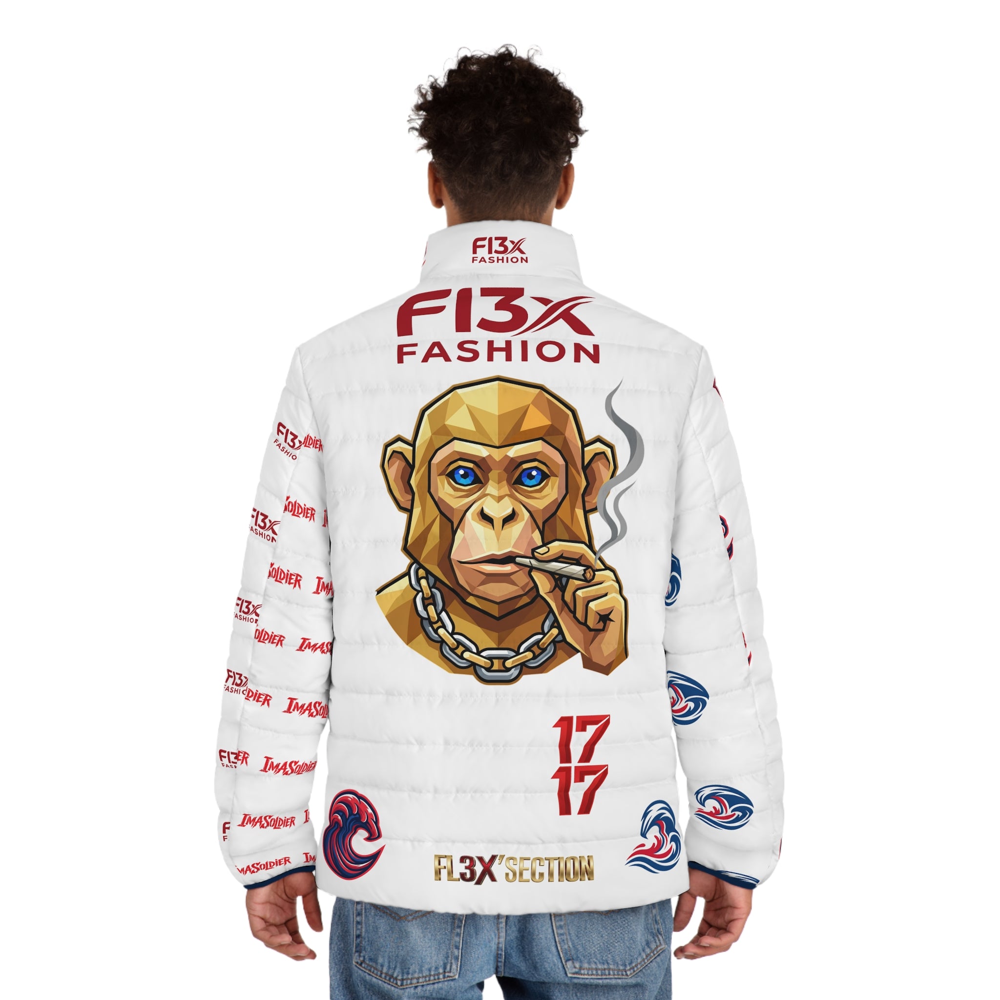 Men's Puffer Jacket — Bold Graphic Streetwear Puffer with Monkey Logo & 'I'm a Soldier' Accents