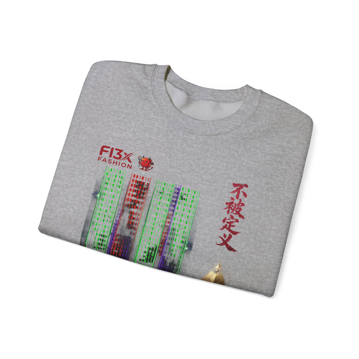 Crewneck Sweatshirt — Cyber Tokyo Graphic with Kanji & Matrix Cityscape
