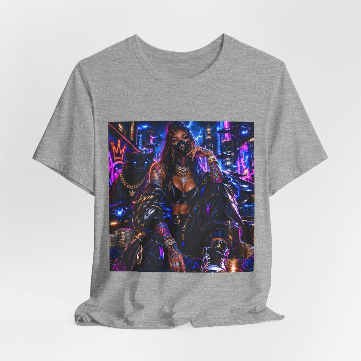 Cyberpunk Streetwear Tee — Neon Masked Woman Graphic T-Shirt