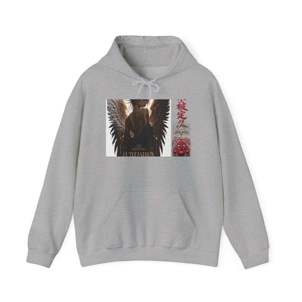 Angel Wings Graphic Hoodie — Dark Fantasy Japanese Script Design