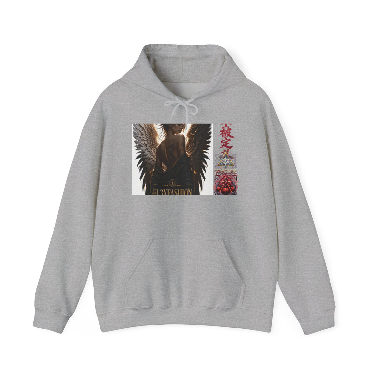 Angel Wings Graphic Hoodie — Dark Fantasy Japanese Script Design