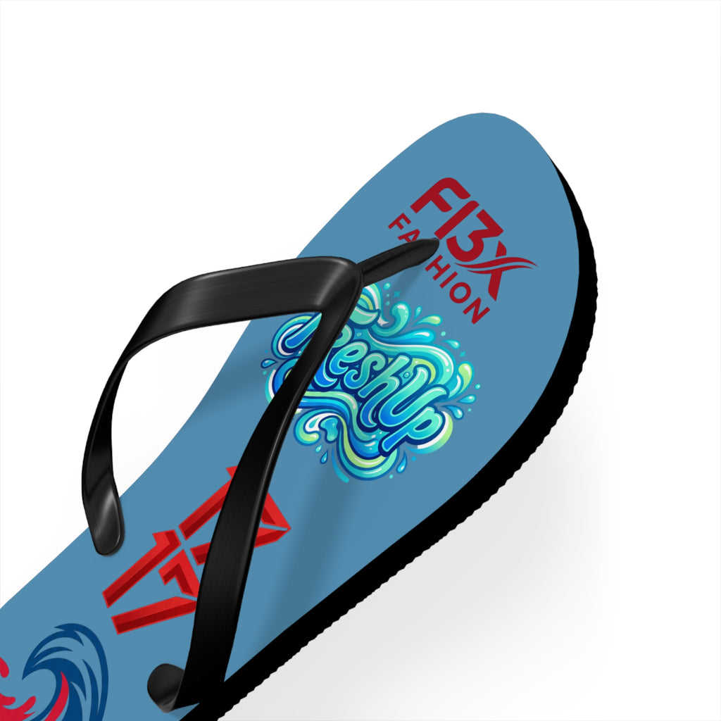Blue Graphic Flip Flops – Surf Wave Design with '17 17' and Bold Logos