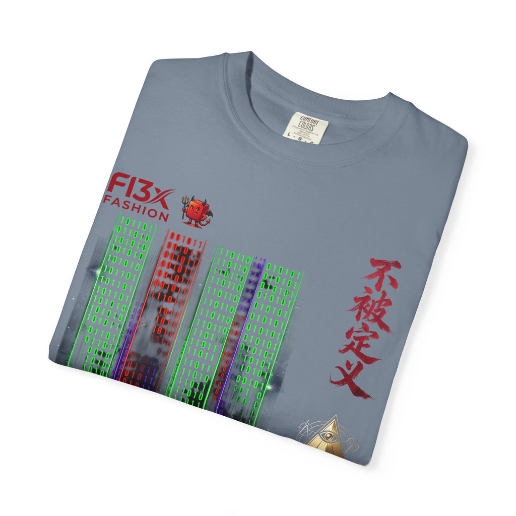 Graphic T-Shirt — Futuristic Cityscape Design with Japanese Calligraphy