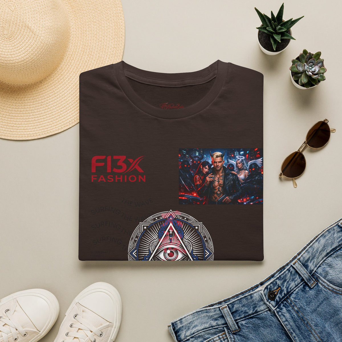 Graphic T-Shirt — F13X Fashion Collage Tee (Surfing Wave & Retro Crew)