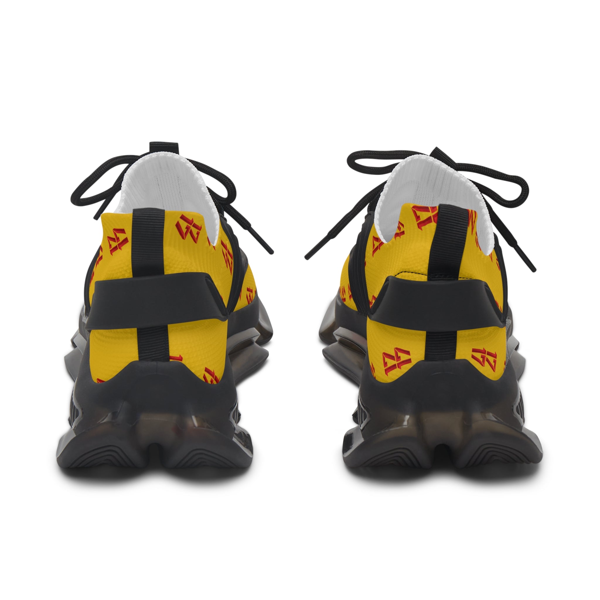 Yellow Mesh Sneakers — Breathable Women's Athletic Shoes with Red Logo Pattern