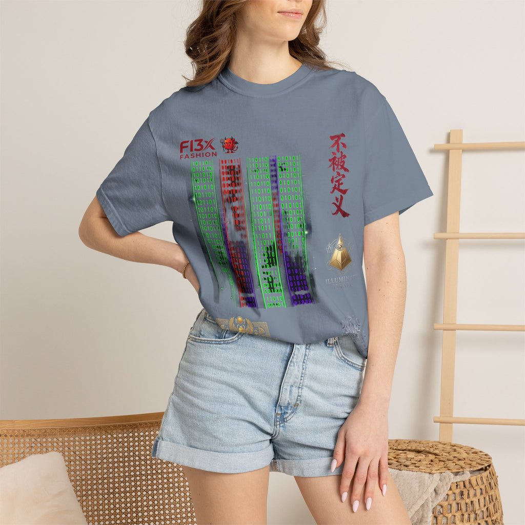 Graphic T-Shirt — Futuristic Cityscape Design with Japanese Calligraphy