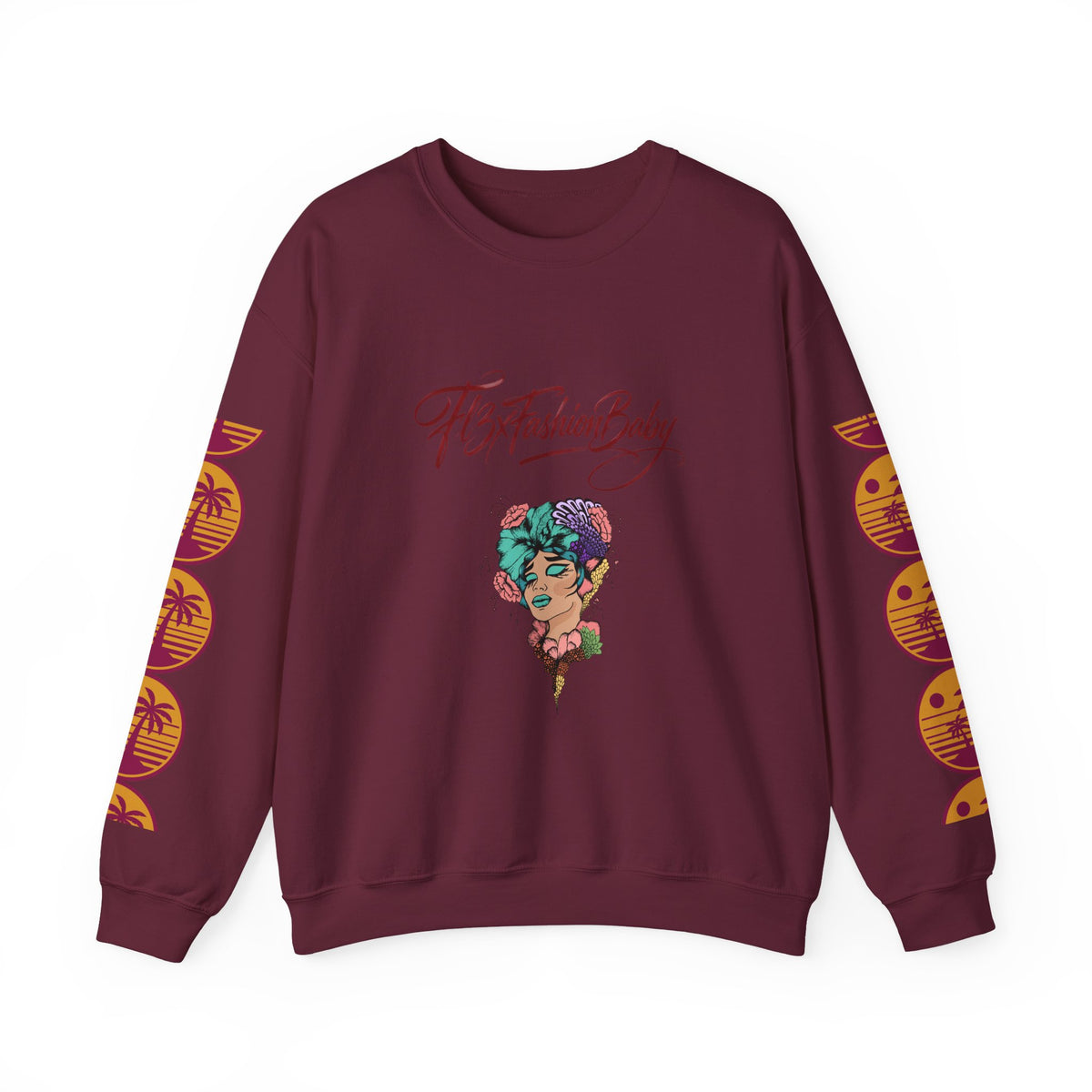Crewneck Sweatshirt — Floral Femme Portrait “FitFashionBaby” Graphic