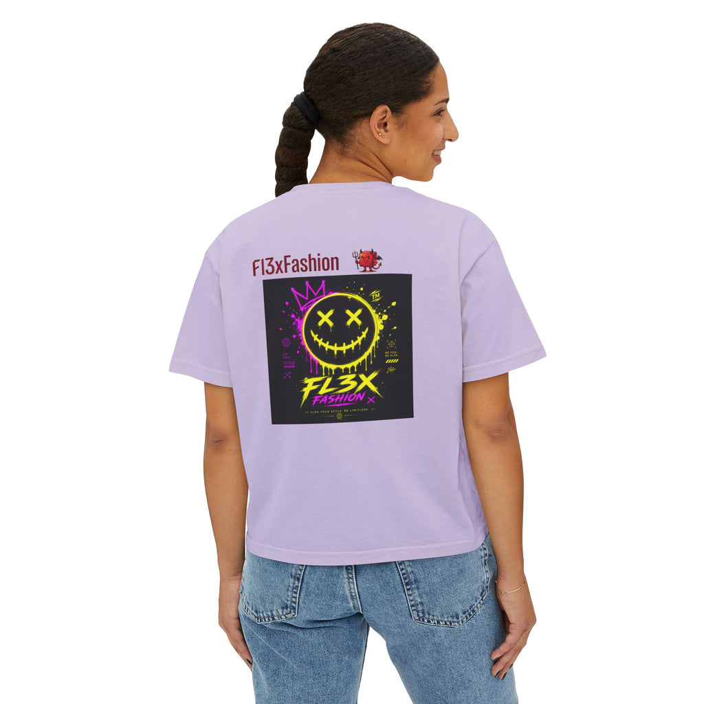Women's Boxy Tee - Neon Smiley "FL3X" Graphic Streetwear