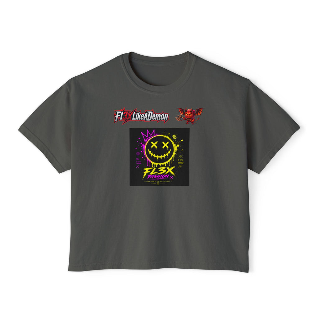 Women's Boxy Tee - Neon Smiley "FL3X" Graphic Streetwear