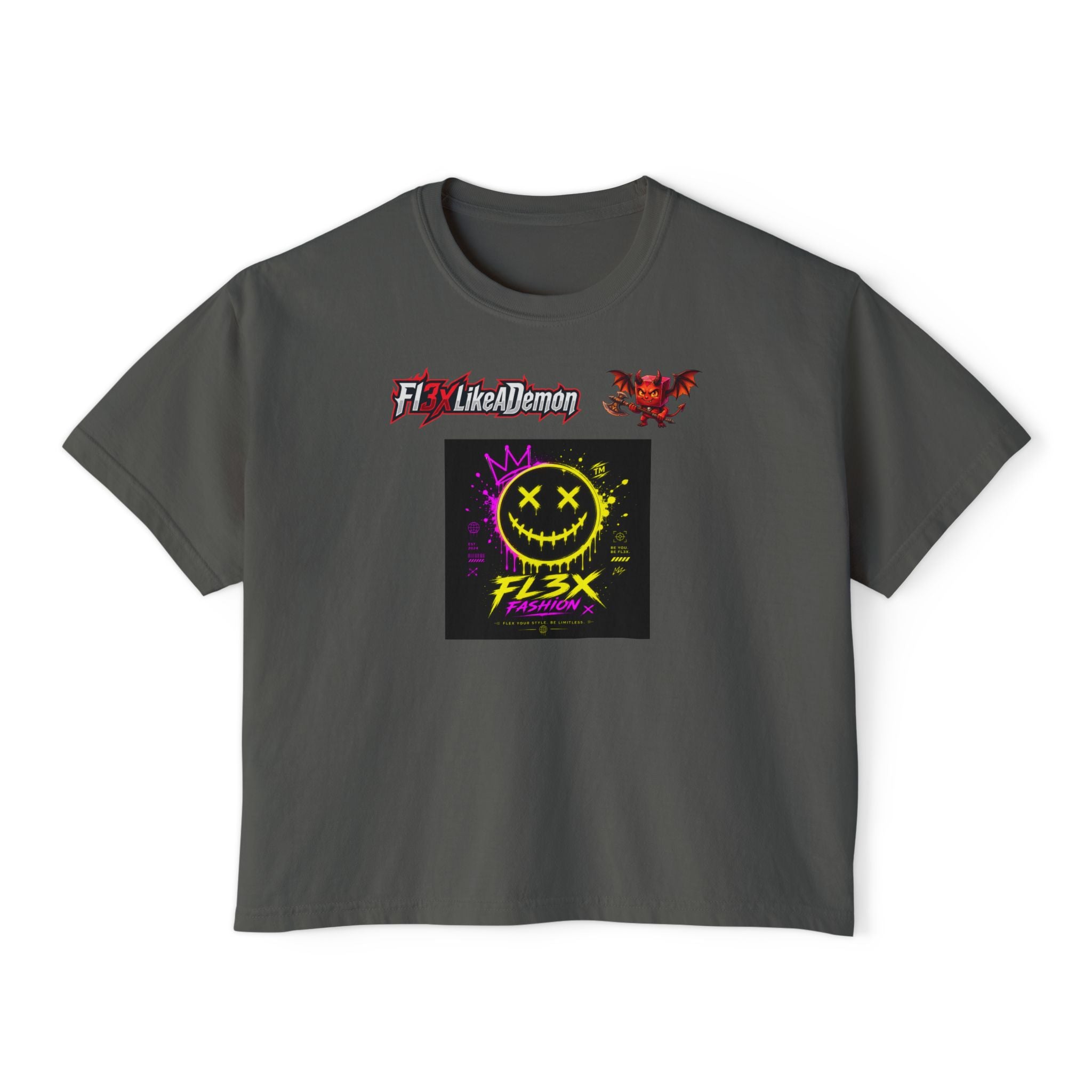 Women's Boxy Tee - Neon Smiley "FL3X" Graphic Streetwear