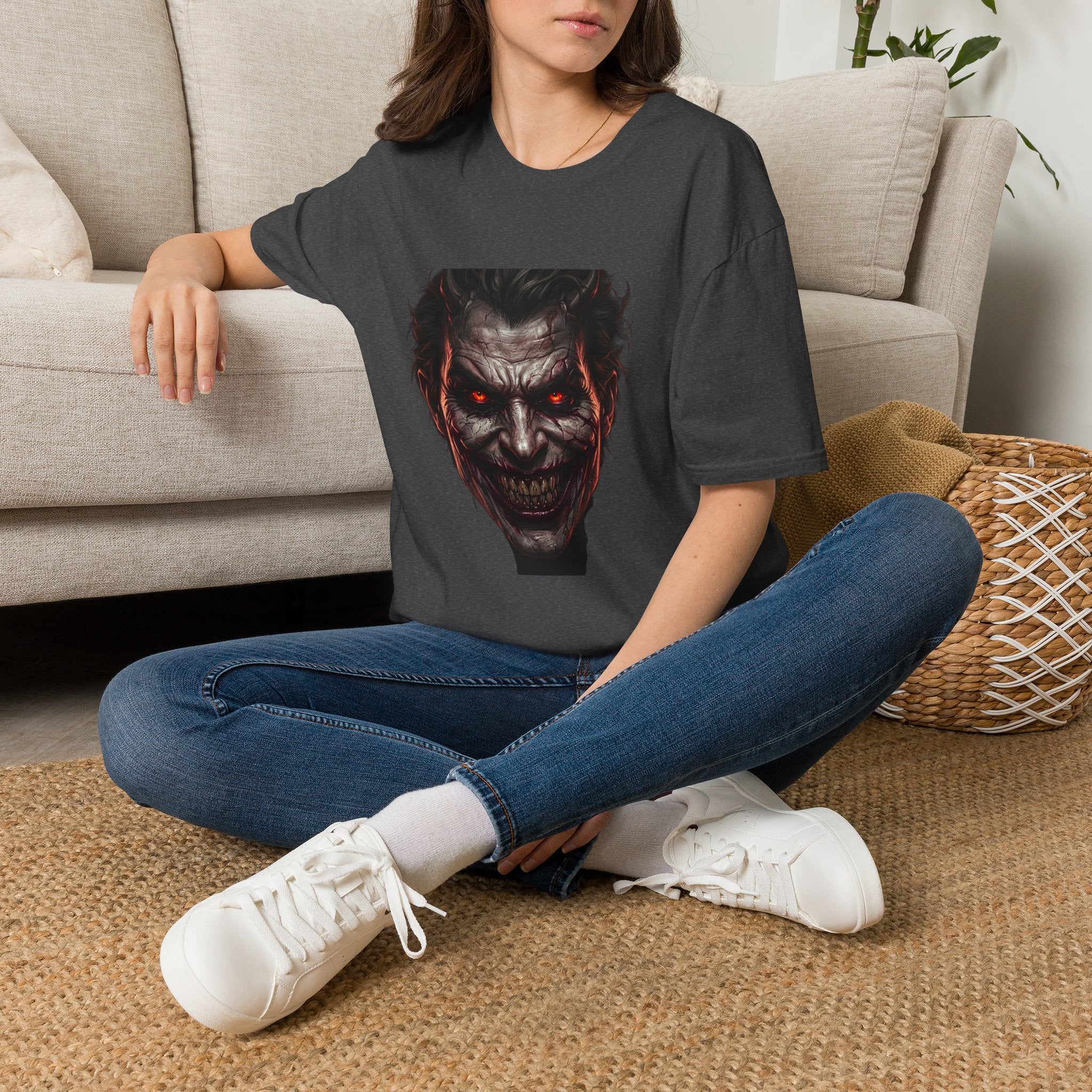 Horror Joker Face T-Shirt — Red-Eyed Villain Graphic Tee