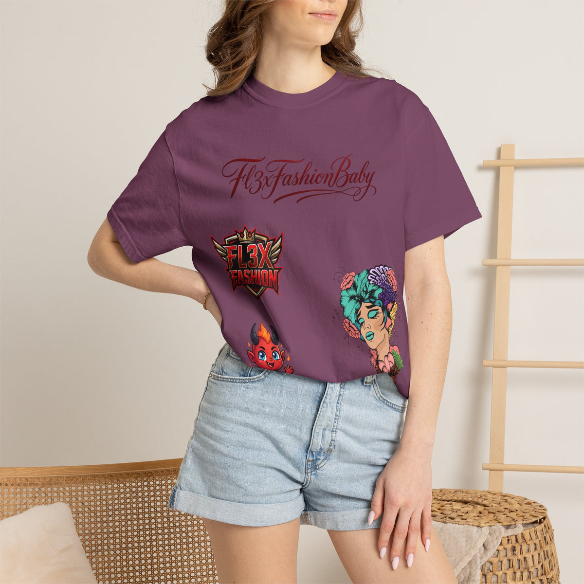 Artistic Floral Portrait T-Shirt — 'Fl3xFashionBaby' Graphic Tee
