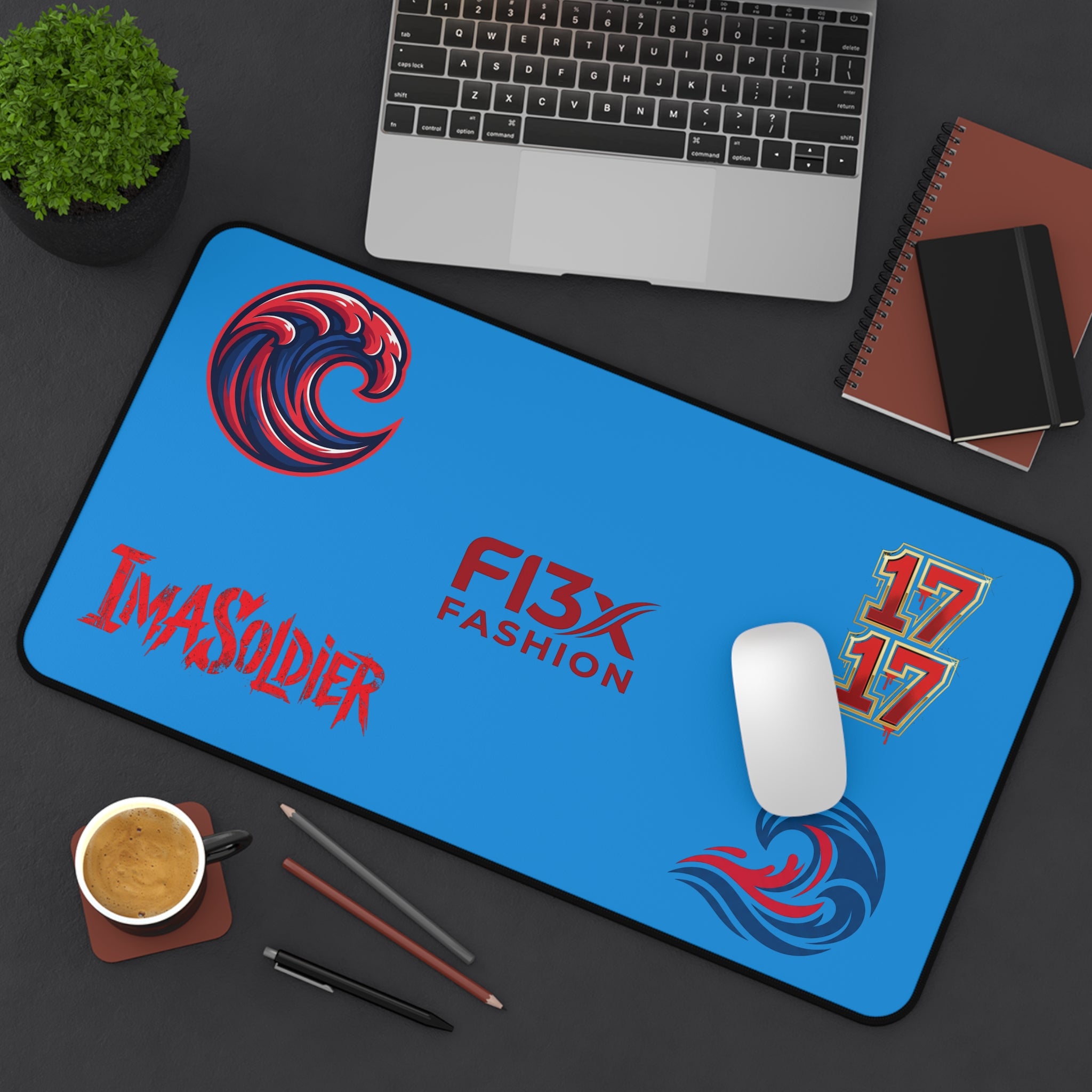 Blue Gamer Desk Mat — 'ImASoldier' & F13x Fashion Logo Mouse Pad