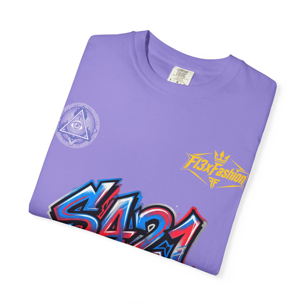 SA21 Graffiti T-Shirt — Urban Streetwear Tee with Drip Art & Tropical Patch