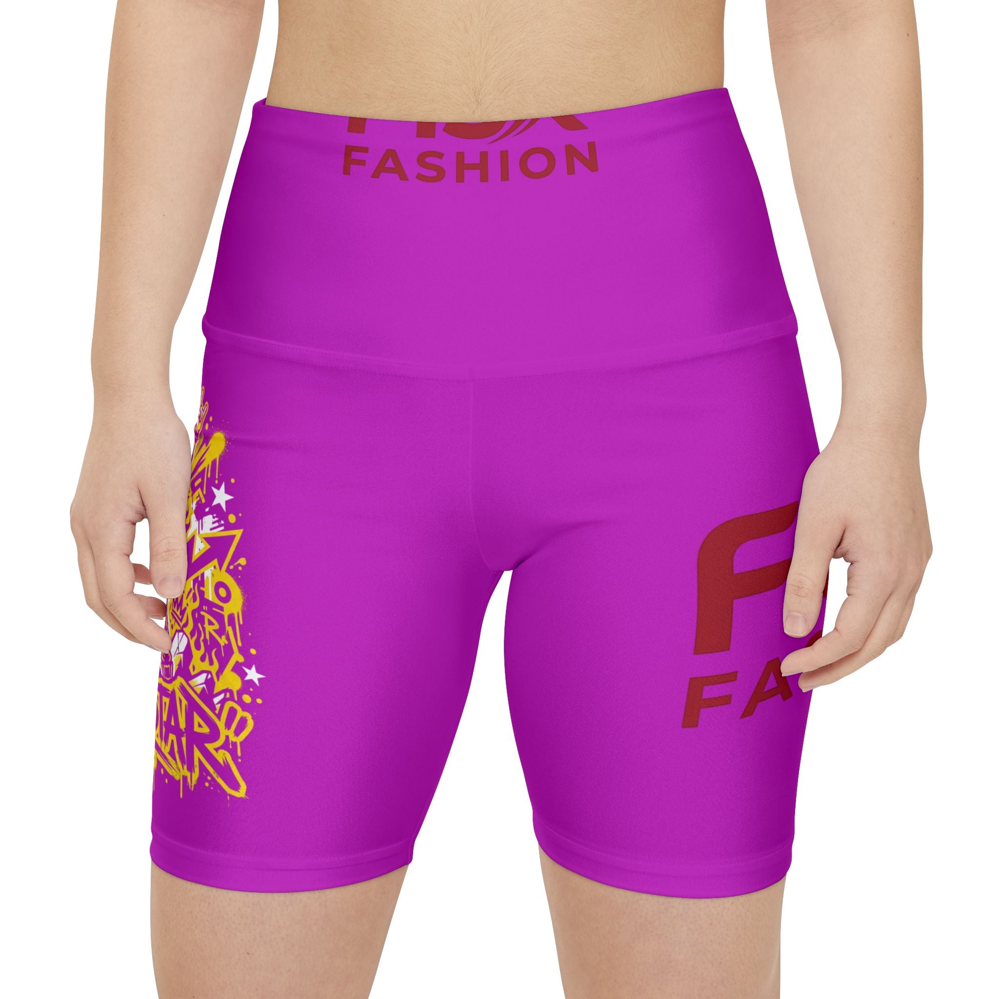 Rockstar Neon Bike Shorts — Women's High-Waist Fitness Shorts with 'Write Rock Star' Graphic