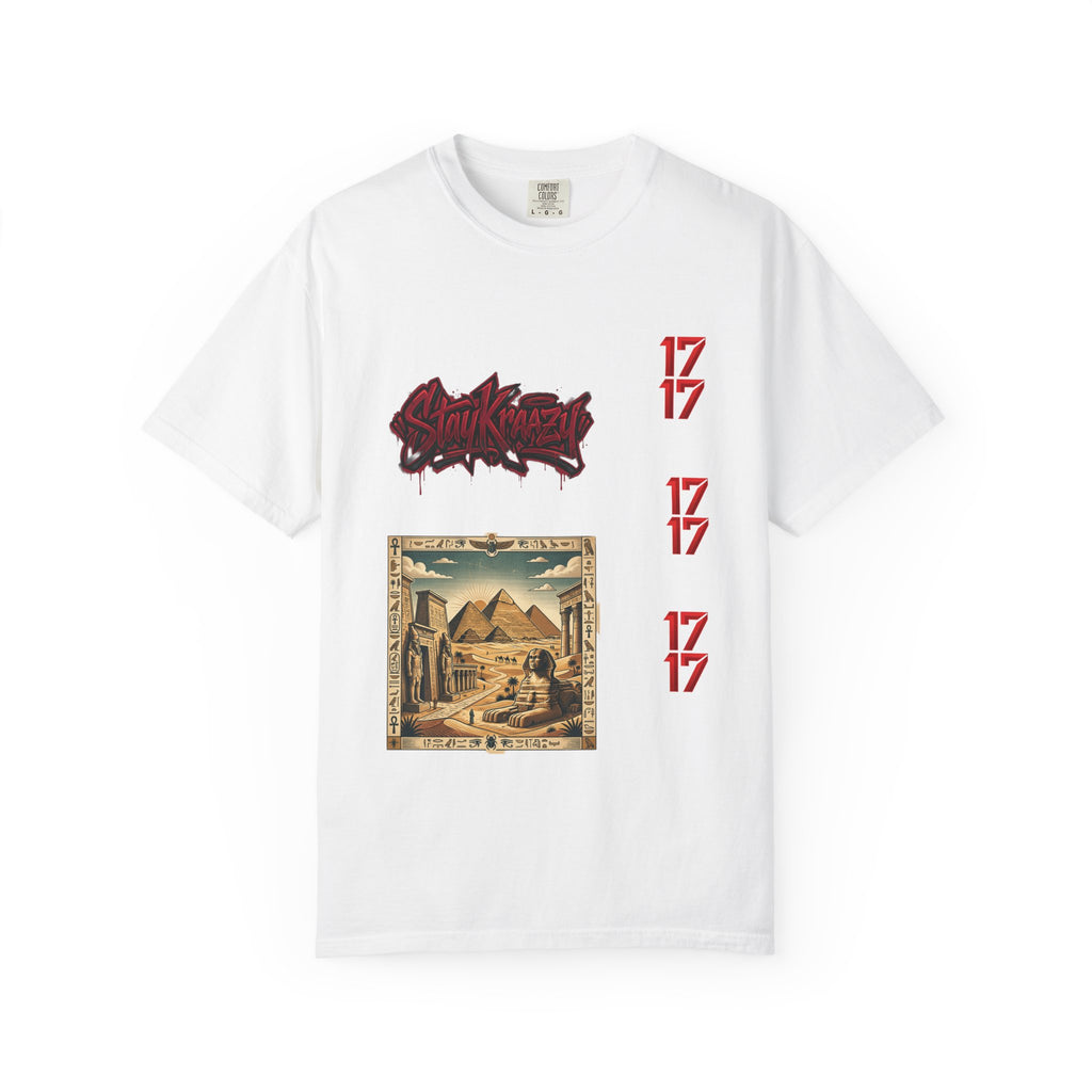 Graphic T-Shirt — Vintage Pyramid Collage with 'Wanted' Drip Design