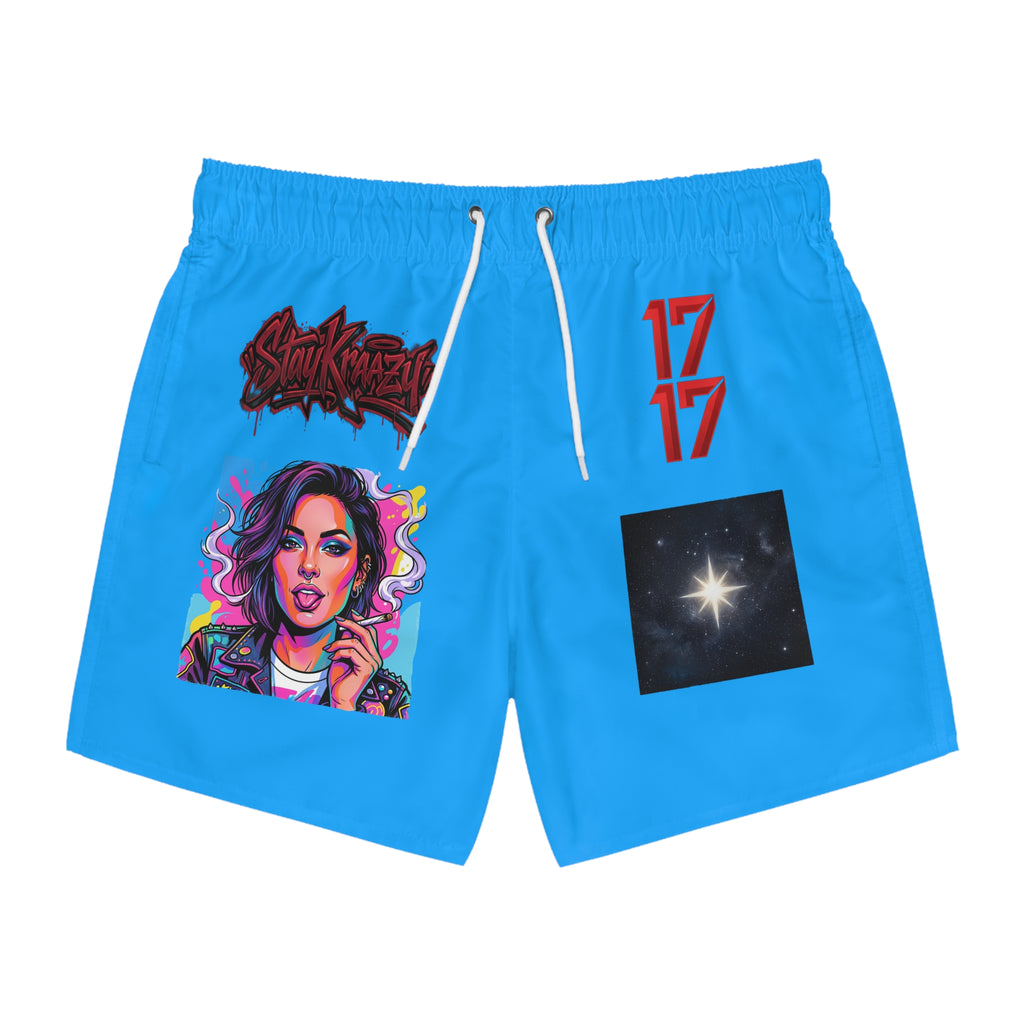 Blue Graphic Swim Trunks — Retro Pop Art Woman, '17' & Star Patch