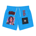 Blue Graphic Swim Trunks — Retro Pop Art Woman, '17' & Star Patch