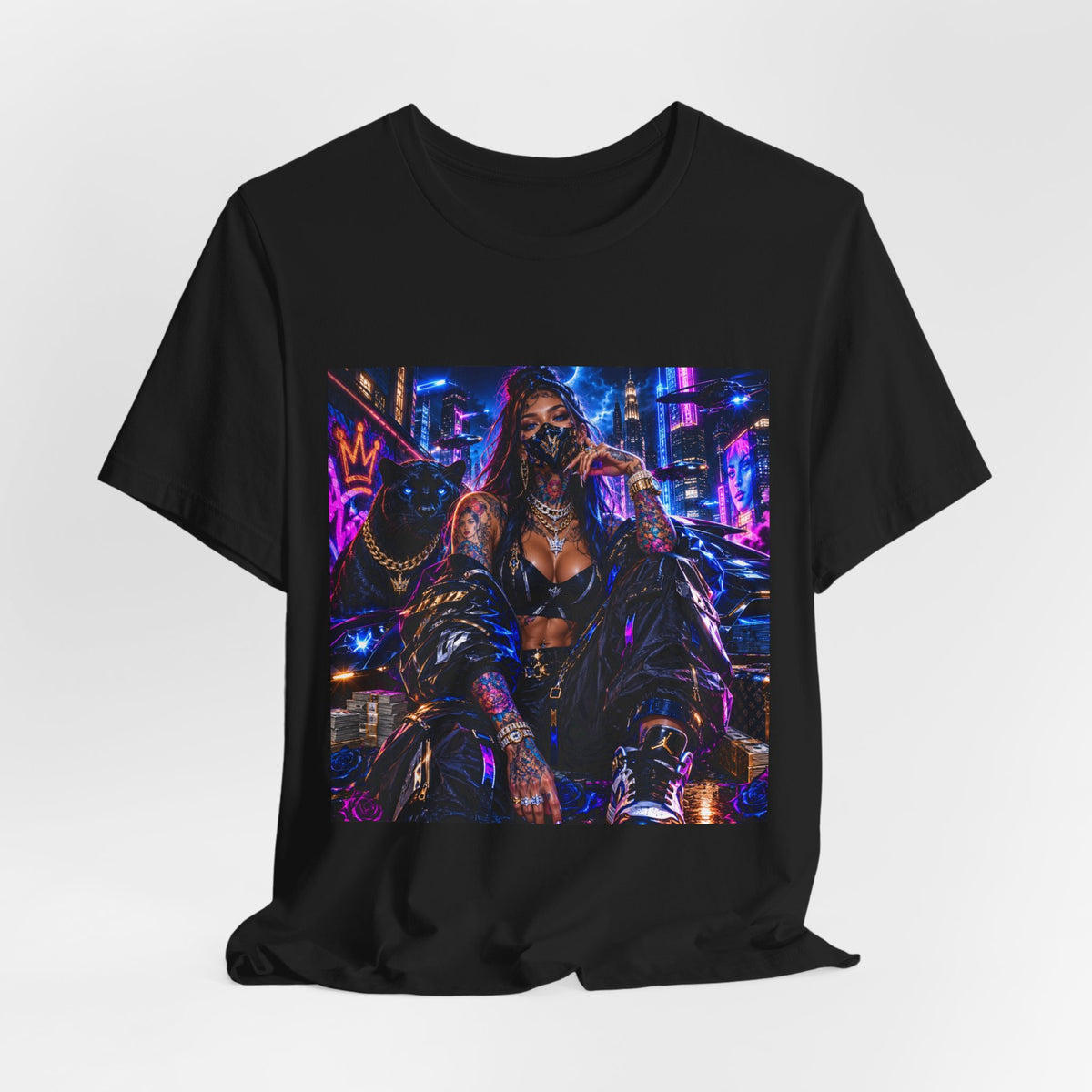 Cyberpunk Streetwear Tee — Neon Masked Woman Graphic T-Shirt