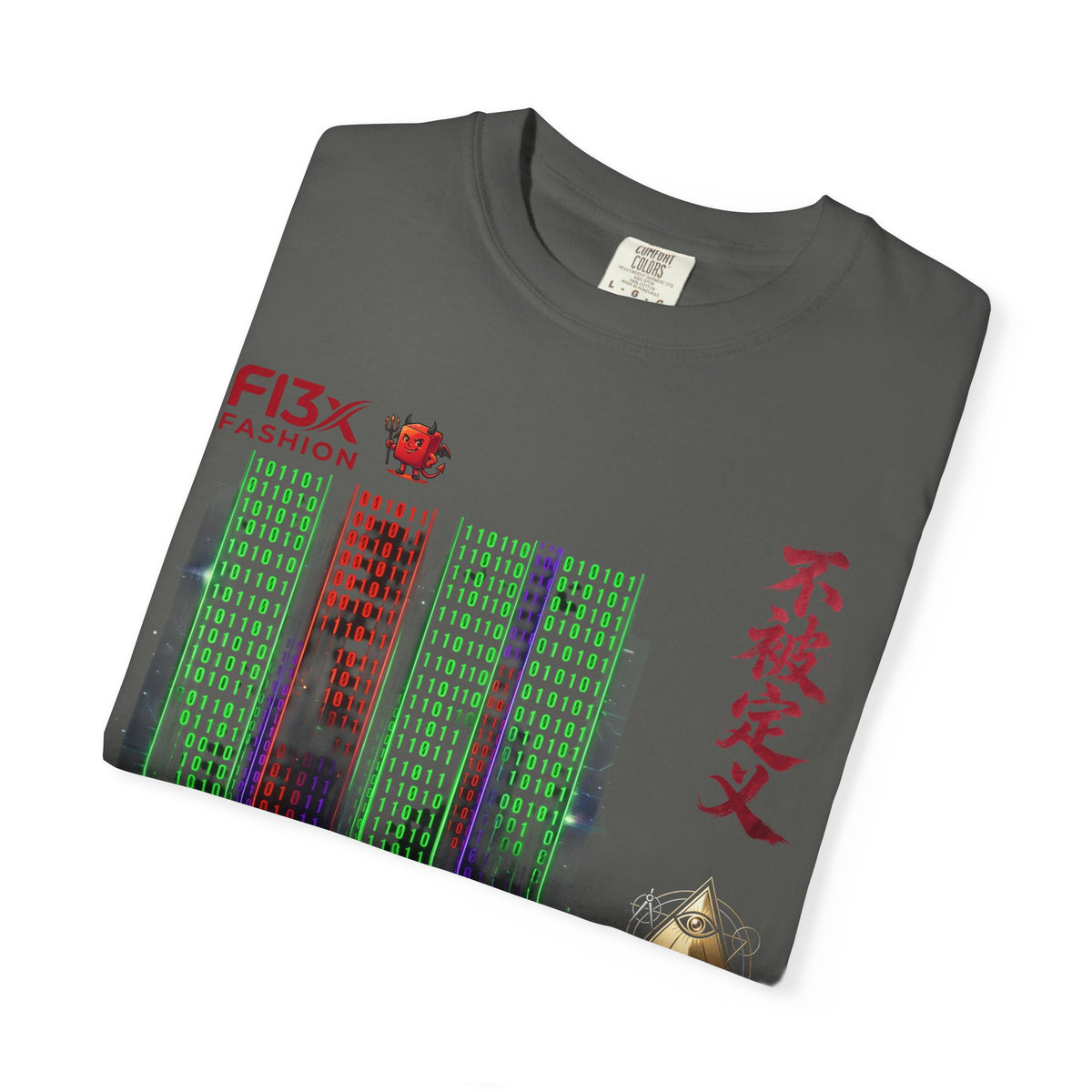 Graphic T-Shirt — Futuristic Cityscape Design with Japanese Calligraphy