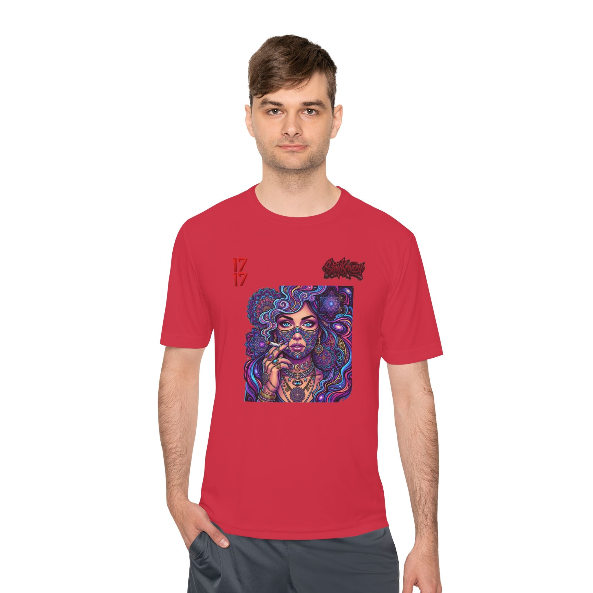 Psychedelic Woman Graphic Tee — Retro Cosmic Portrait Moisture‑Wicking Shirt