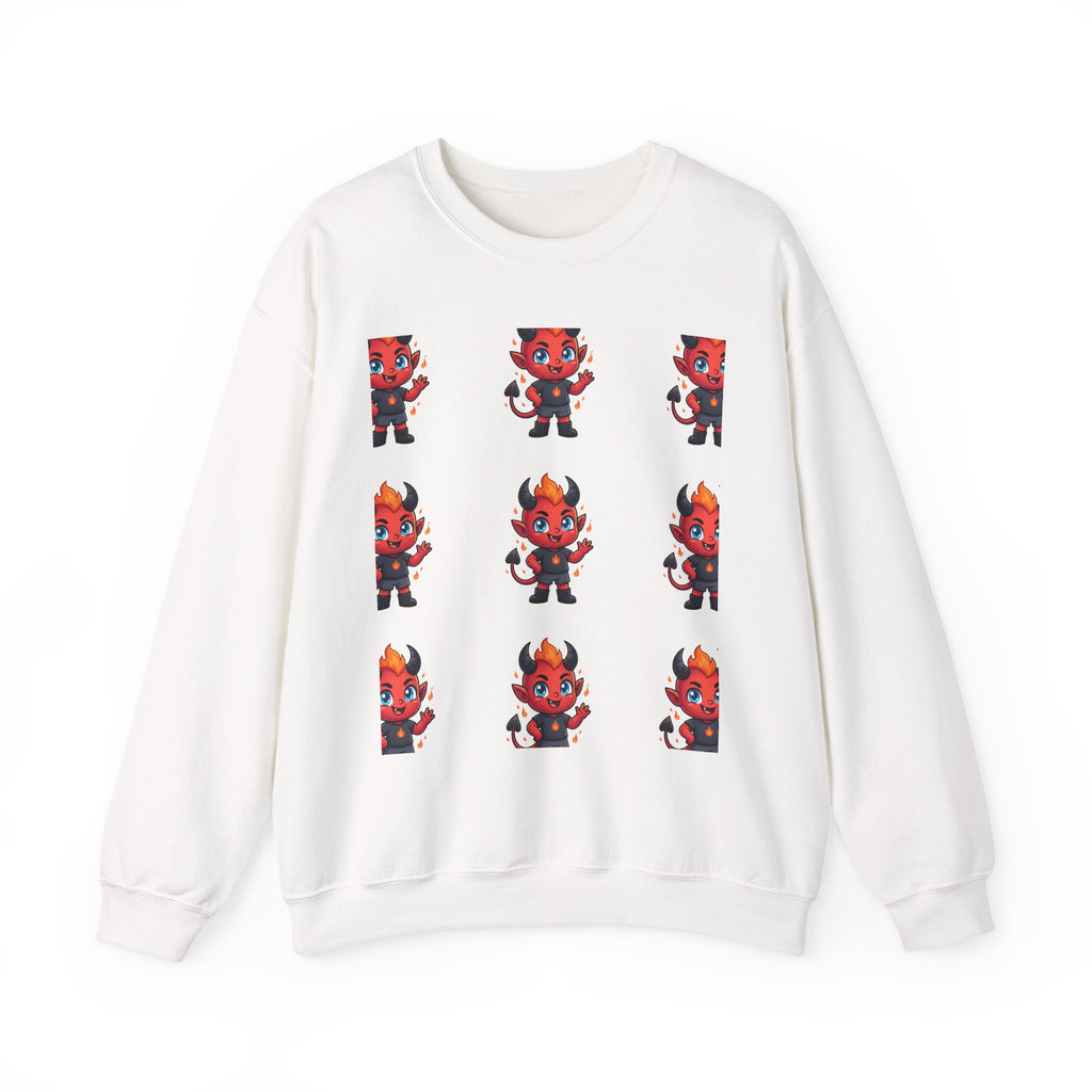 Cute Devil Character Grid Sweatshirt — Cartoon Demon Pattern Crewneck