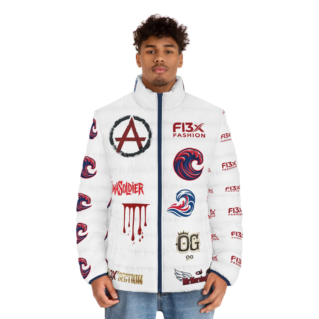 Men's Puffer Jacket — Bold Graphic Streetwear Puffer with Monkey Logo & 'I'm a Soldier' Accents
