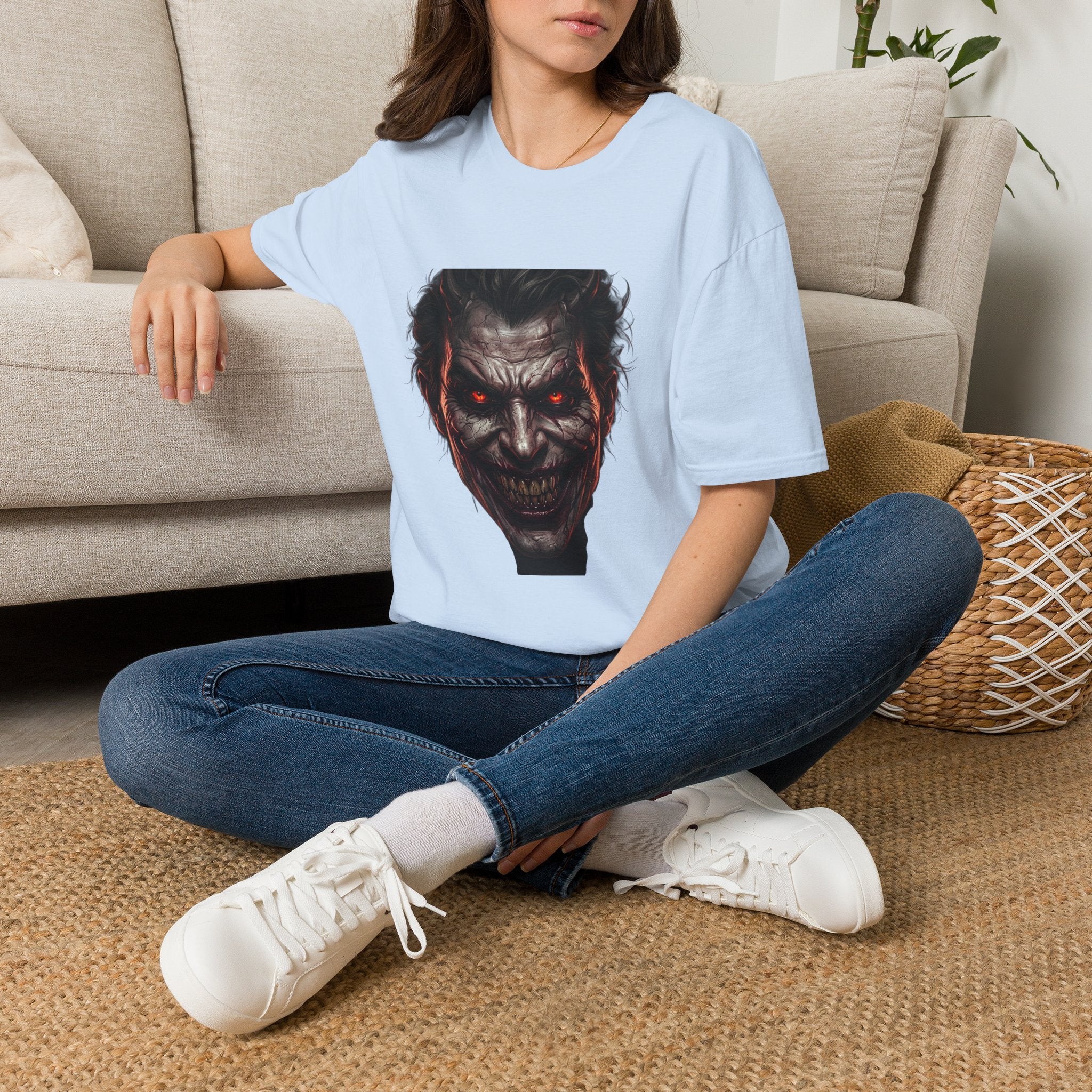 Horror Joker Face T-Shirt — Red-Eyed Villain Graphic Tee