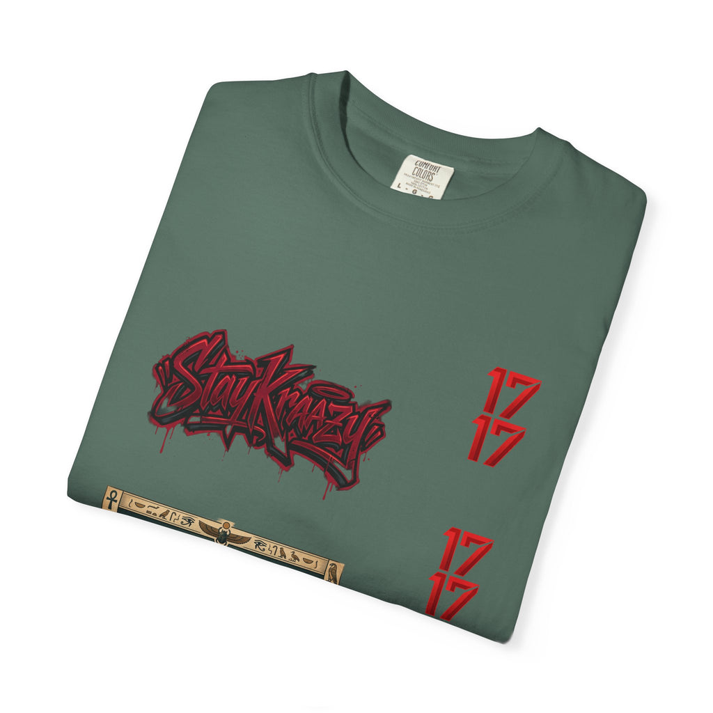 Graphic T-Shirt — Vintage Pyramid Collage with 'Wanted' Drip Design