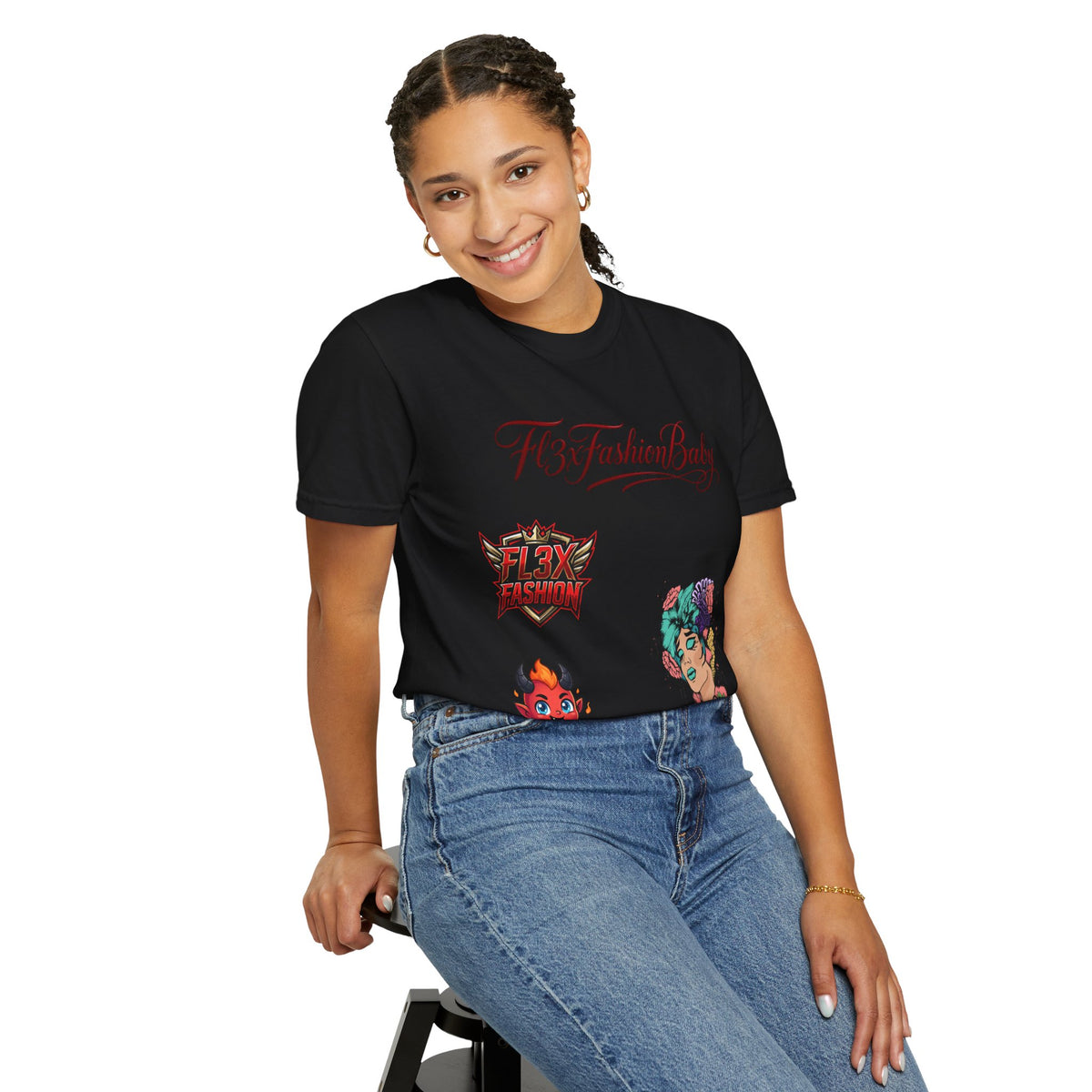 Artistic Floral Portrait T-Shirt — 'Fl3xFashionBaby' Graphic Tee