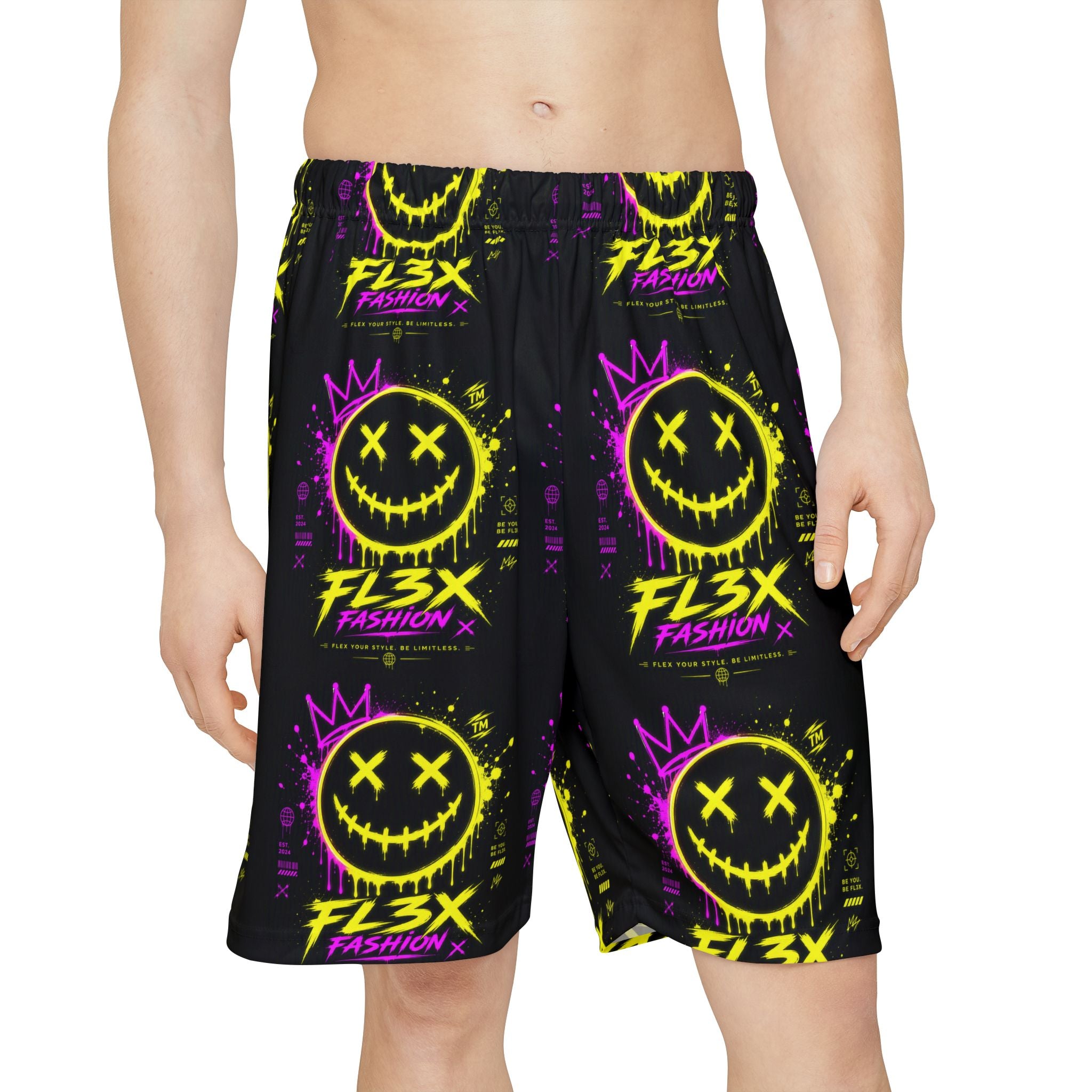 Graphic Sports Shorts — Neon Smiley Streetwear All-Over Print