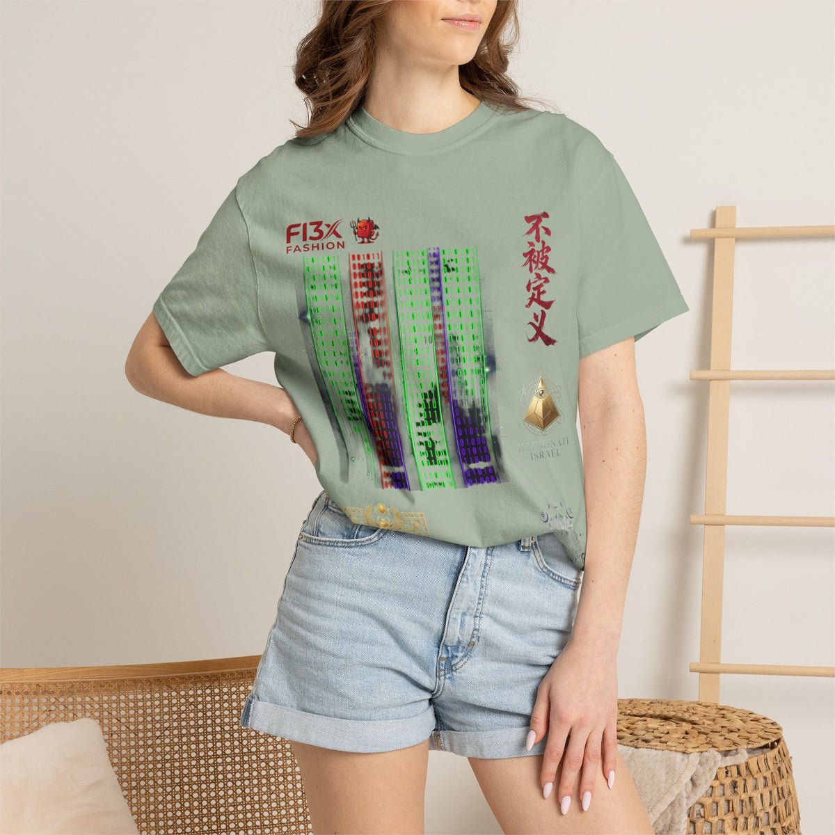 Graphic T-Shirt — Futuristic Cityscape Design with Japanese Calligraphy