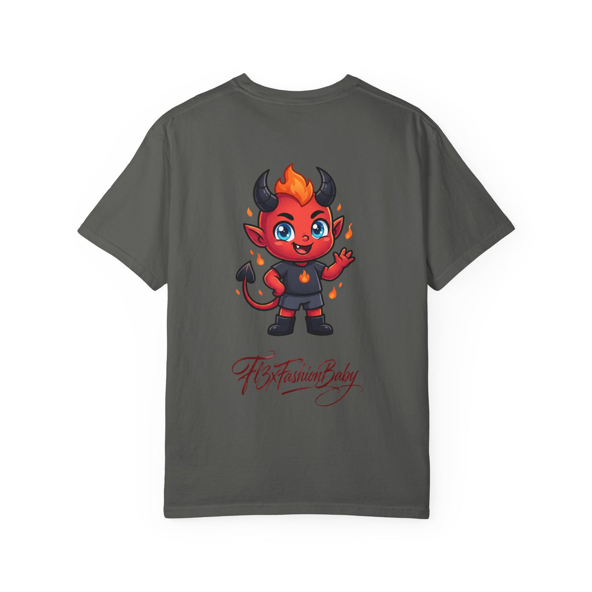 Devil Baby Graphic T-Shirt — Cute Red Demon Cartoon Tee with "FBfashionBaby" Script