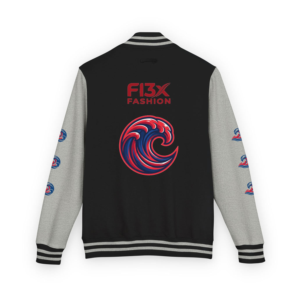 Letterman Jacket — Red Wave Graphic Varsity Jacket with 'F13X Fashion' Logo